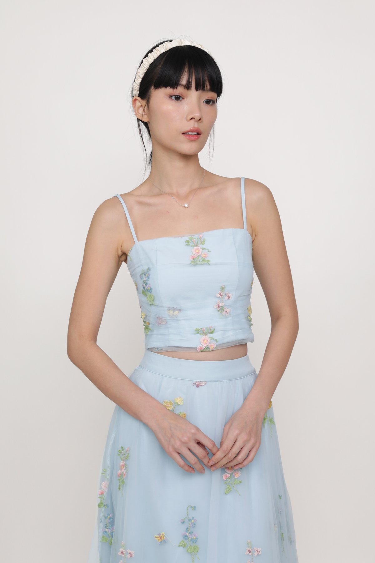 Evelina Embroidery Mesh Padded Top (Sky Blue)