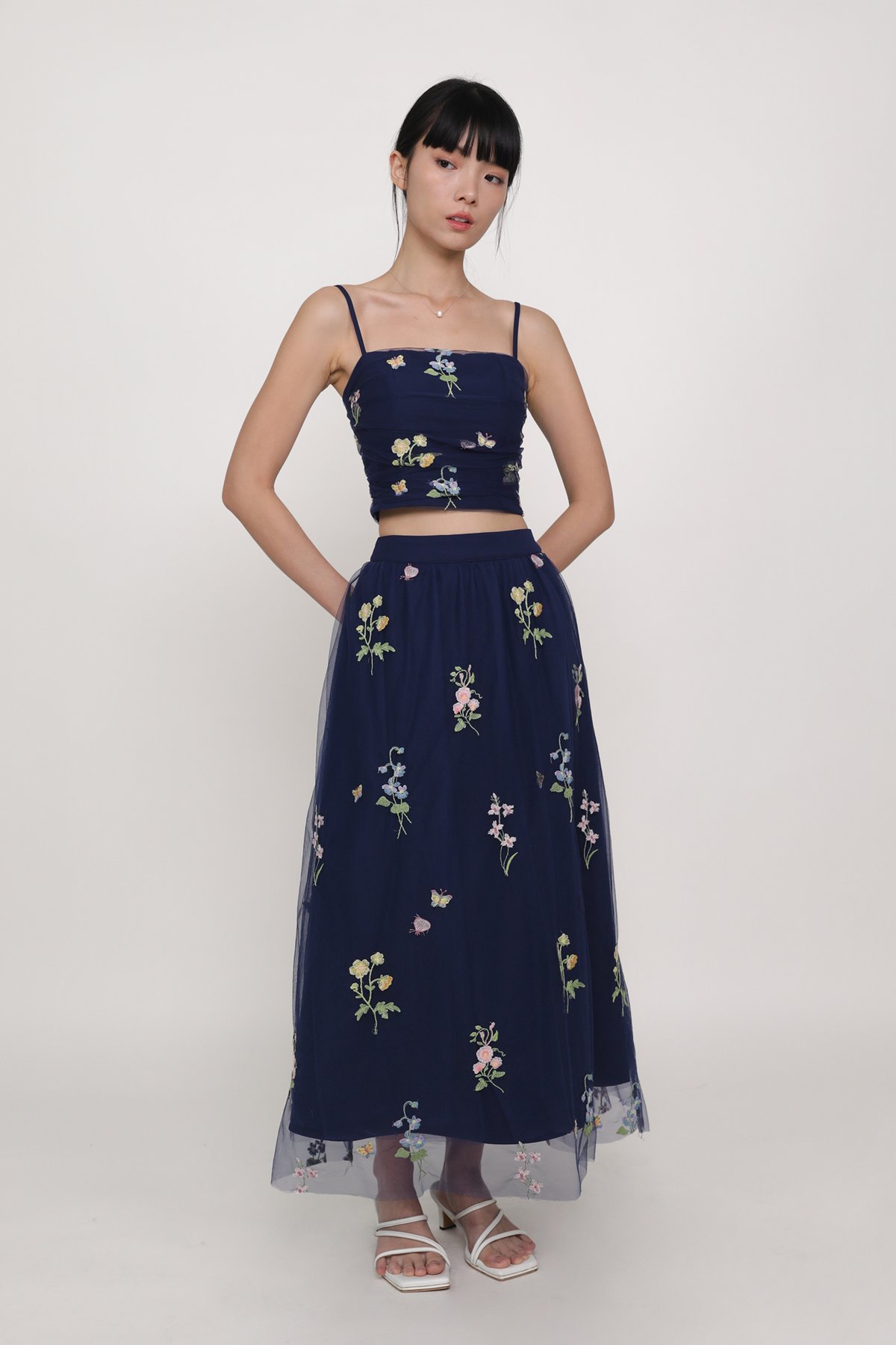 Isadora Embroidery Mesh Maxi Skirt (Navy)