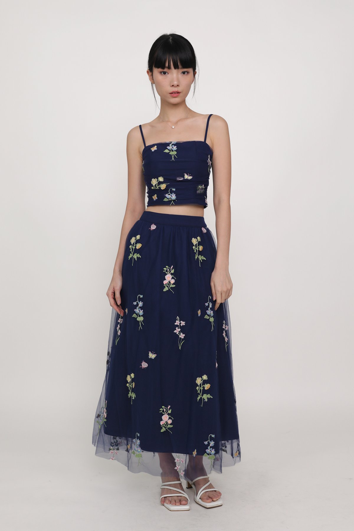 Isadora Embroidery Mesh Maxi Skirt (Navy)