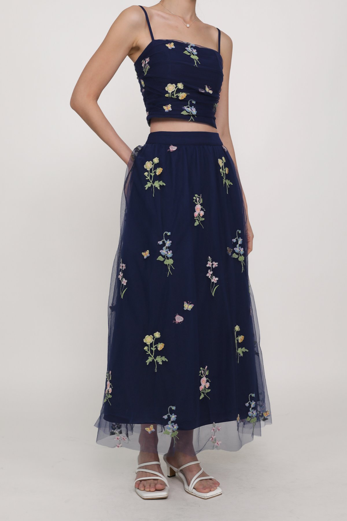 Isadora Embroidery Mesh Maxi Skirt (Navy)