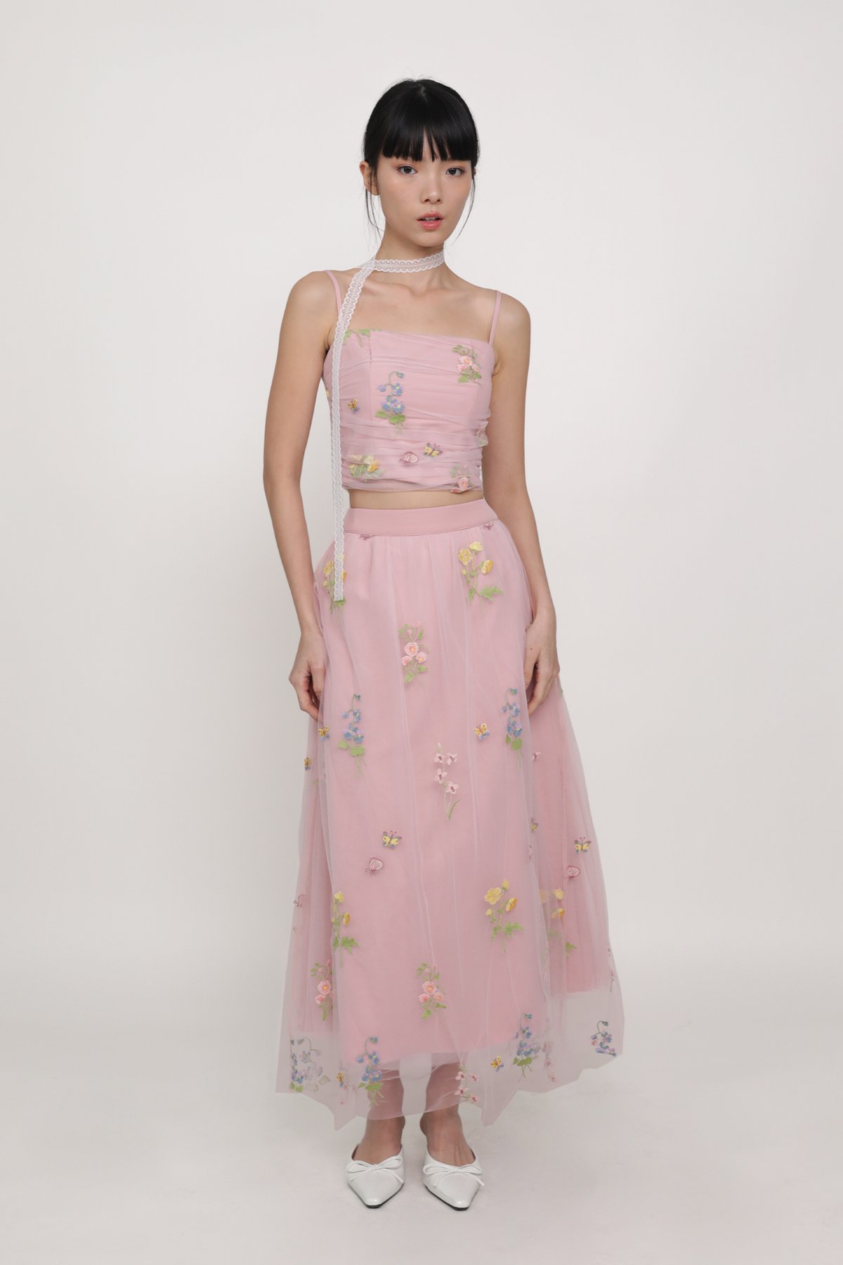 Isadora Embroidery Mesh Maxi Skirt (Pink)