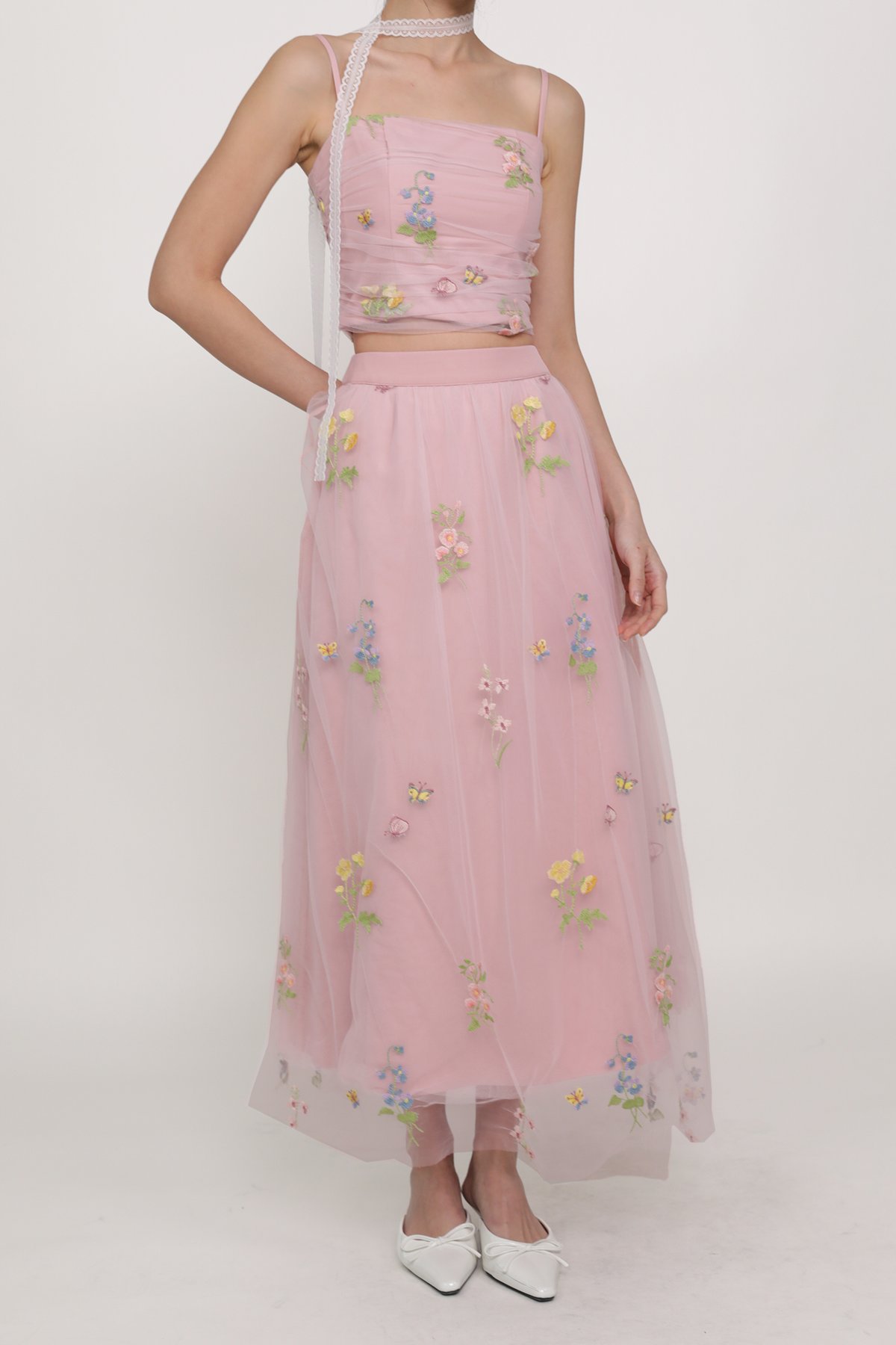 Isadora Embroidery Mesh Maxi Skirt (Pink)