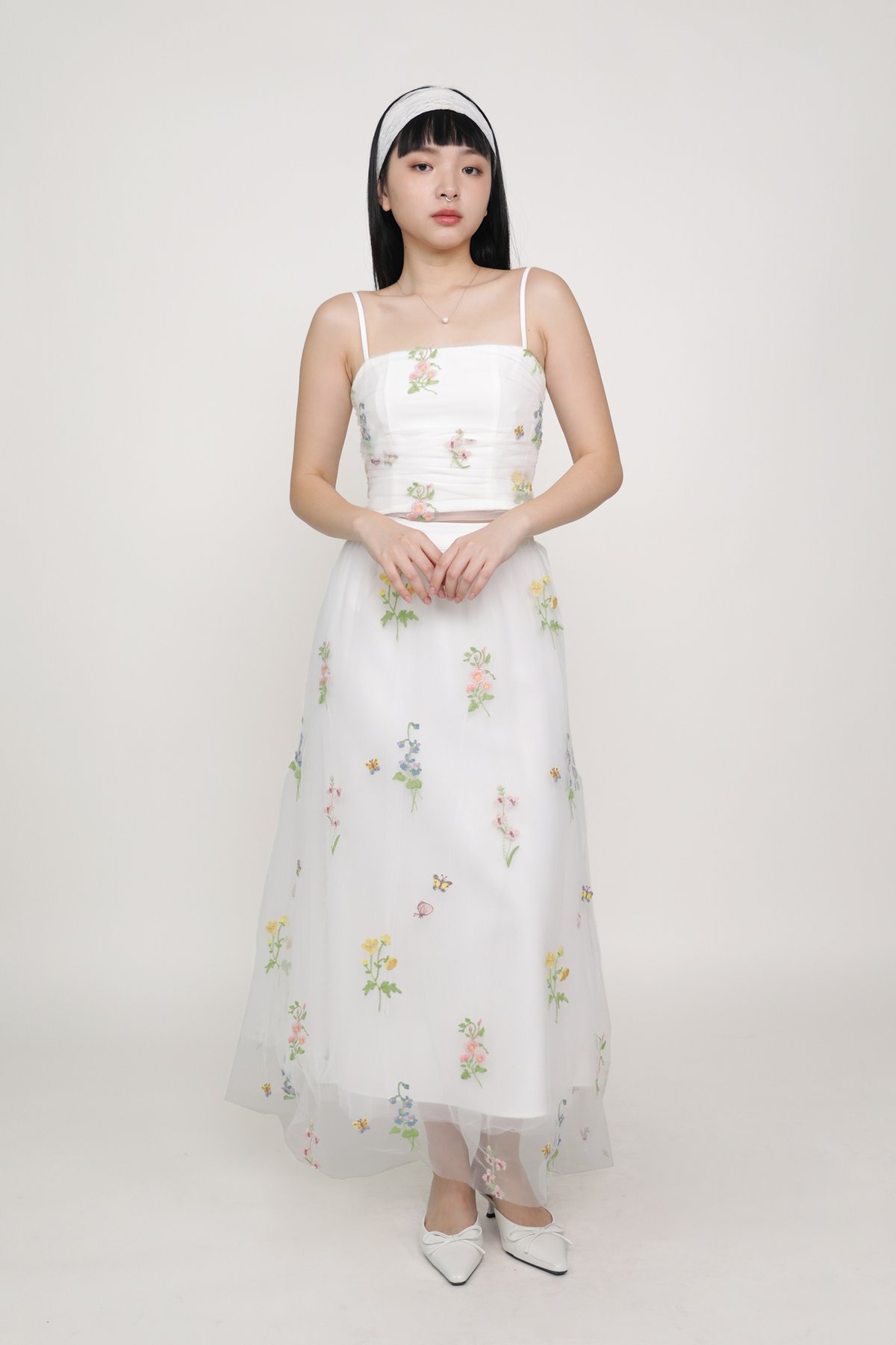 Isadora Embroidery Mesh Maxi Skirt (White)