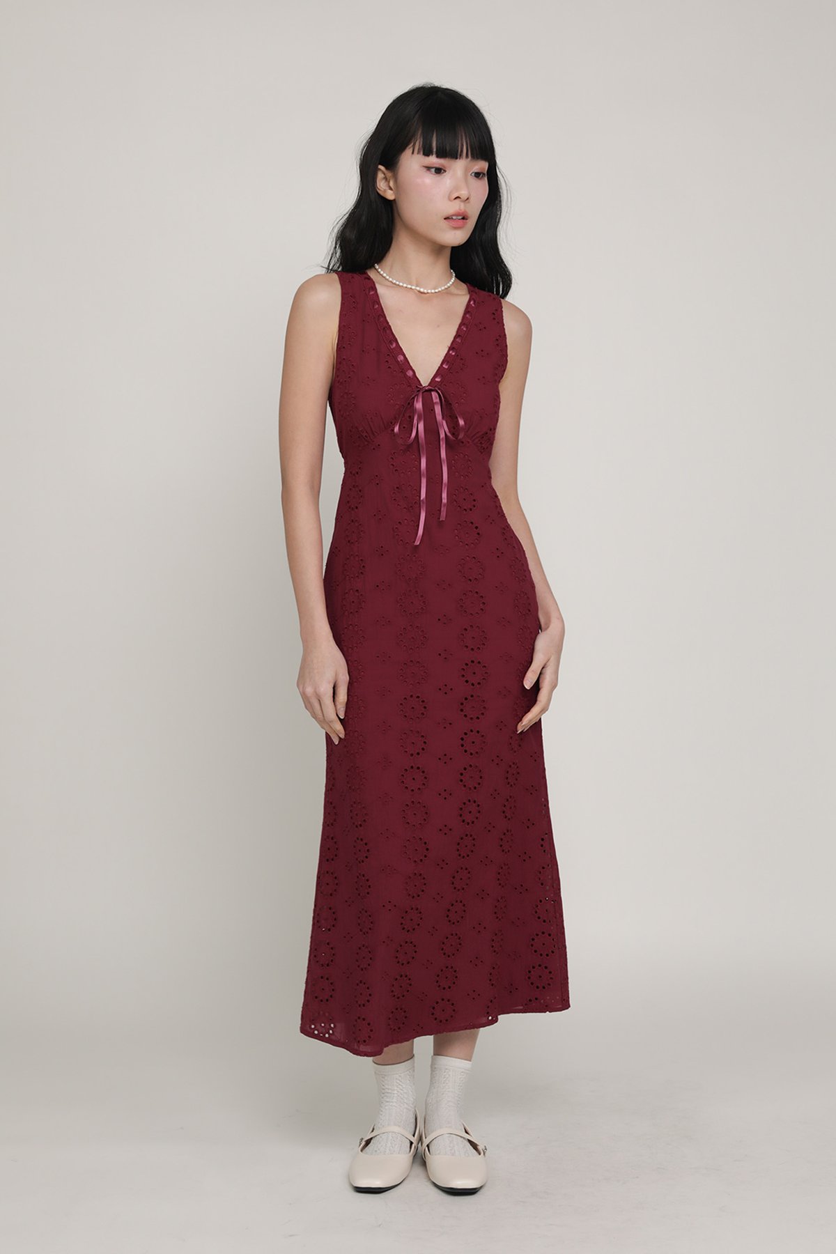 Janice Eyelet Ribbon Dress (Maroon)