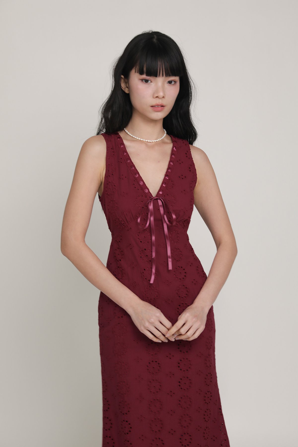 Janice Eyelet Ribbon Dress (Maroon)