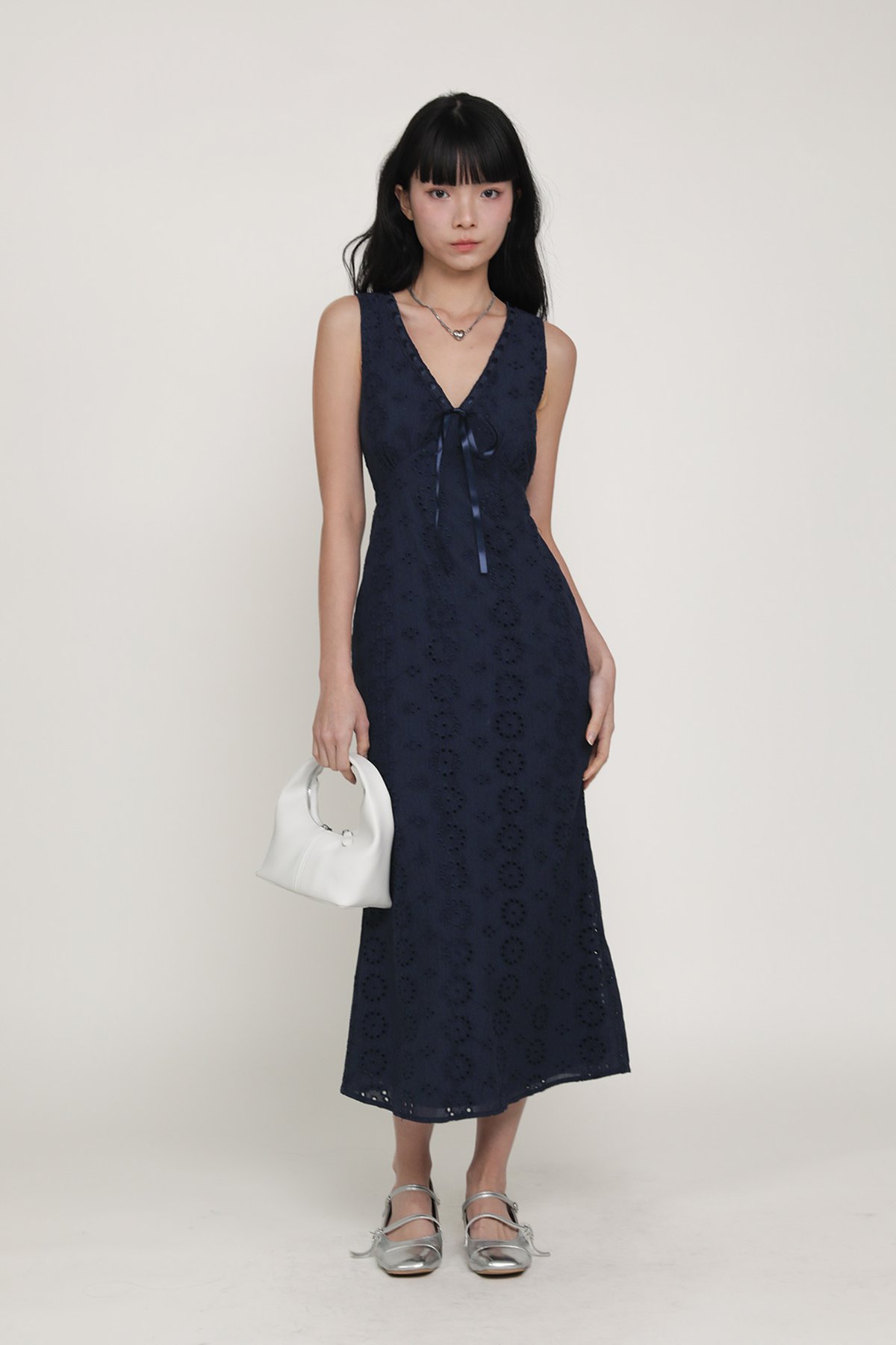 Janice Eyelet Ribbon Dress (Navy)