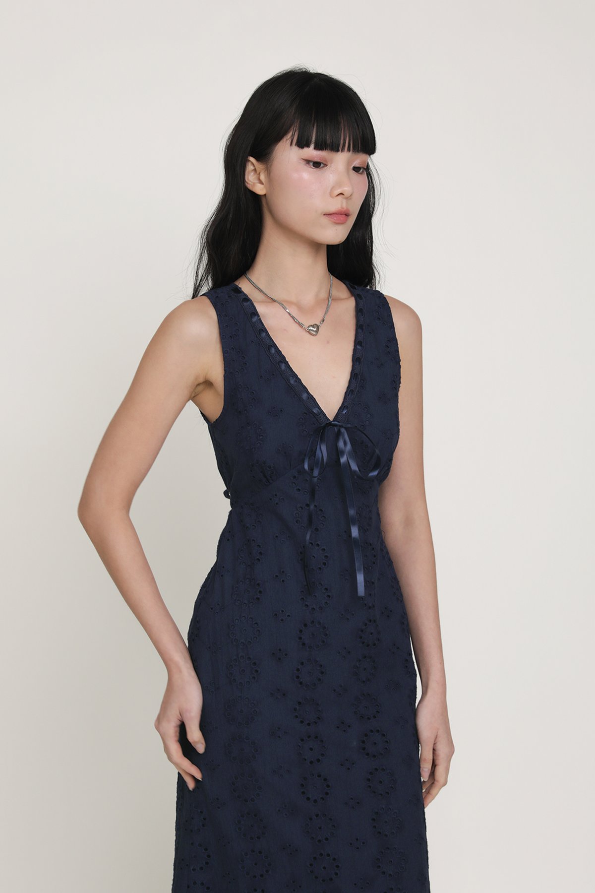 Janice Eyelet Ribbon Dress (Navy)