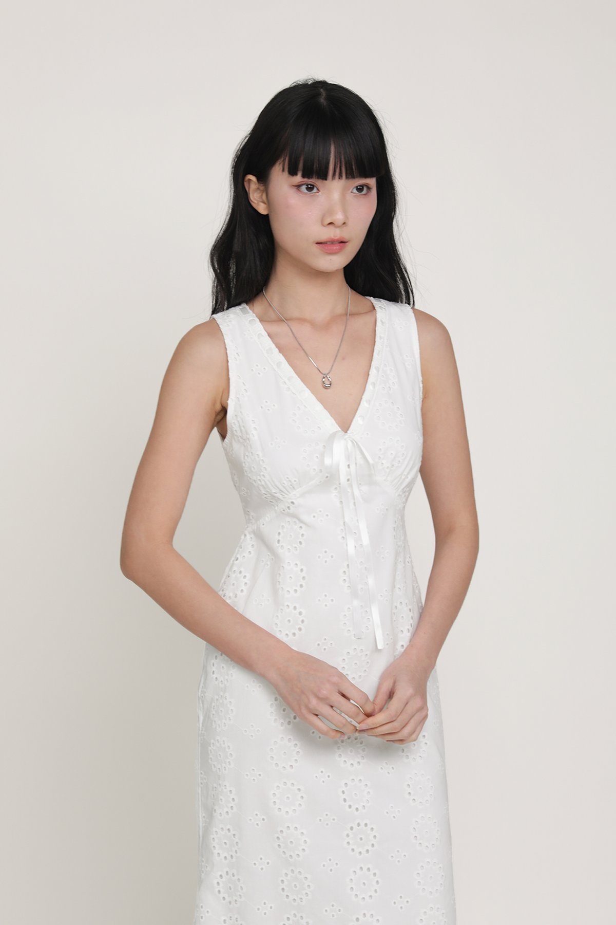 Janice Eyelet Ribbon Dress (White)