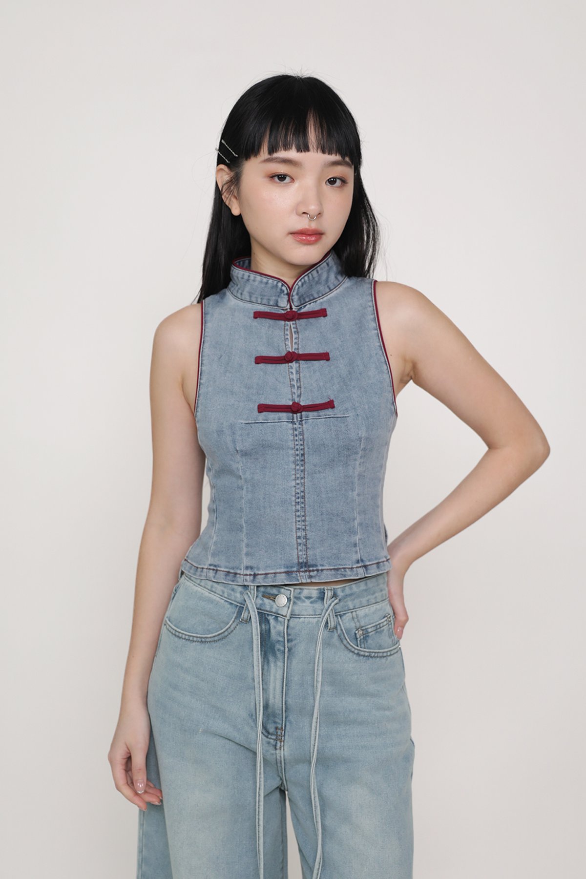 Jeanie Denim Qipao Top (Mid Wash)