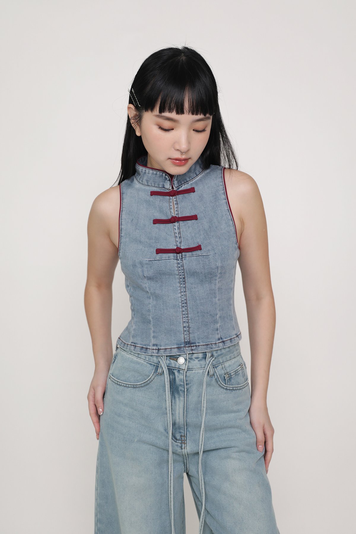 Jeanie Denim Qipao Top (Mid Wash)