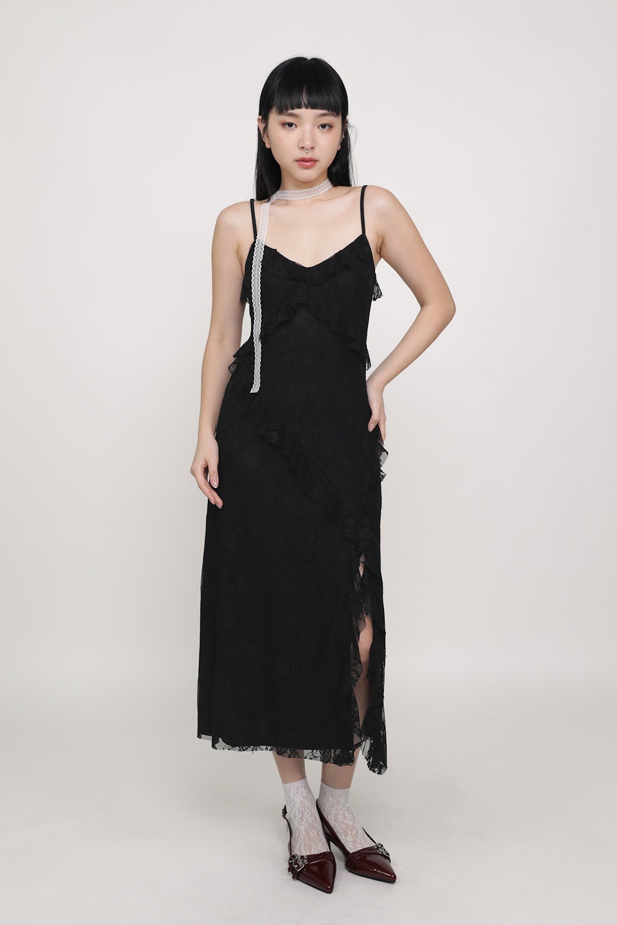 Karly Lace Ruffles Midi Dress (Black)