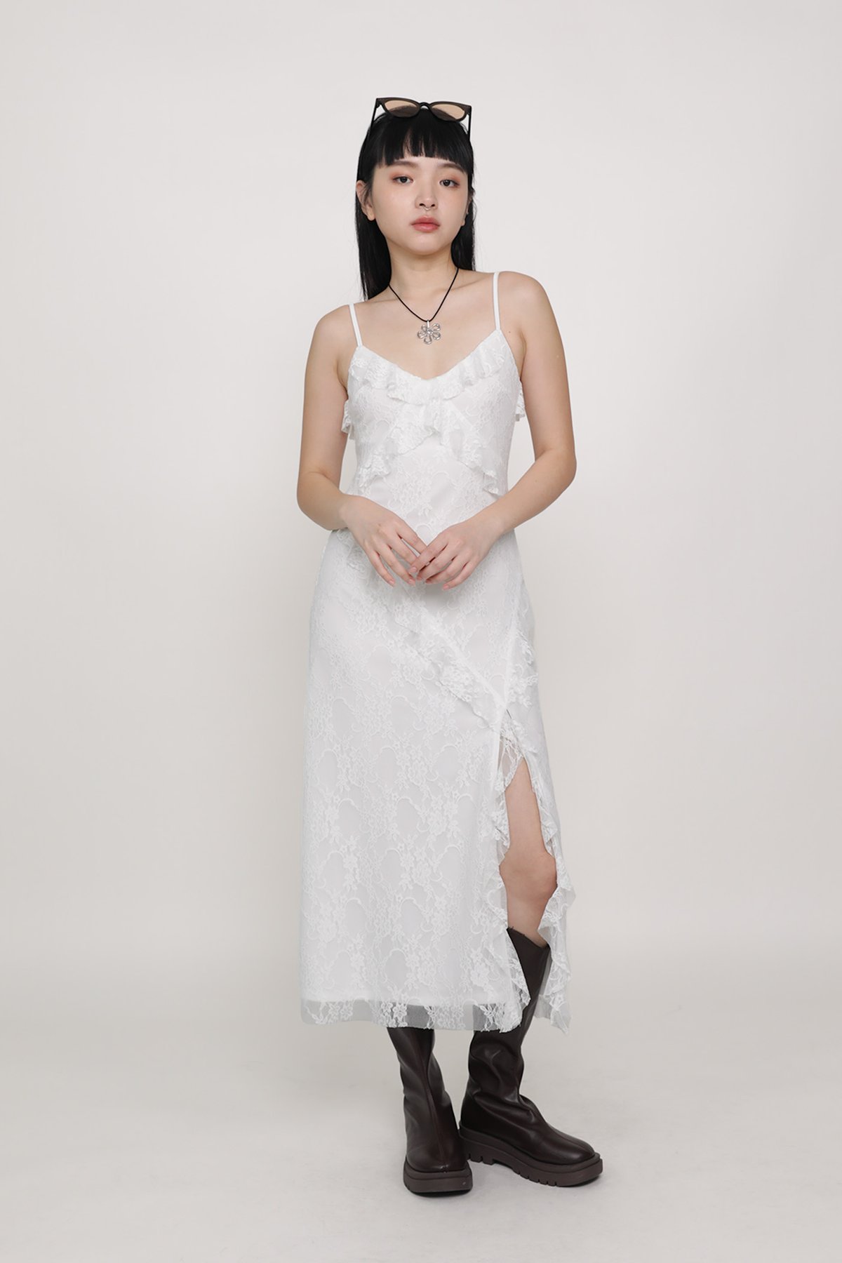 Karly Lace Ruffles Midi Dress (White)