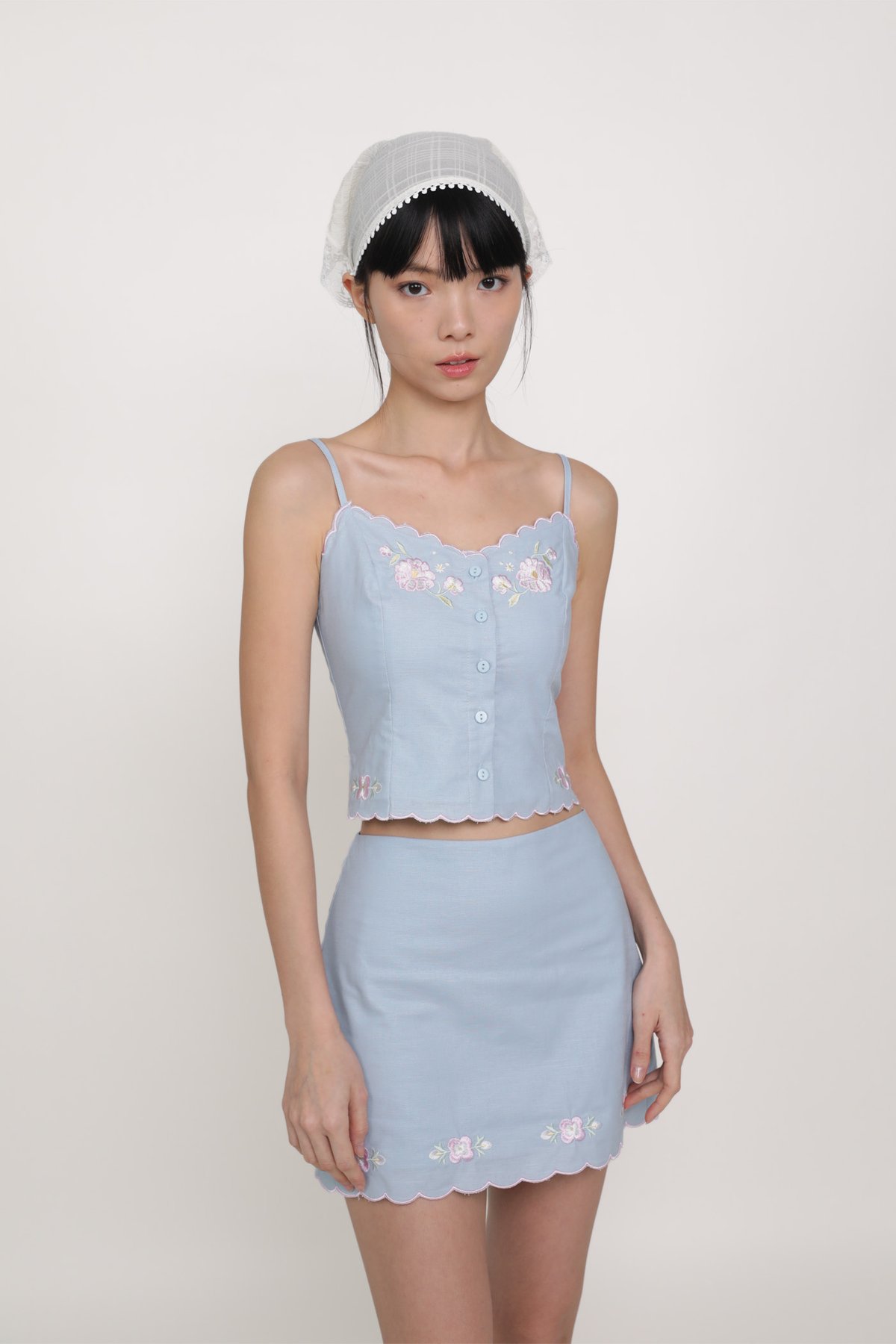 Lune Embroidery Scallop Hem Skirt (Blue)