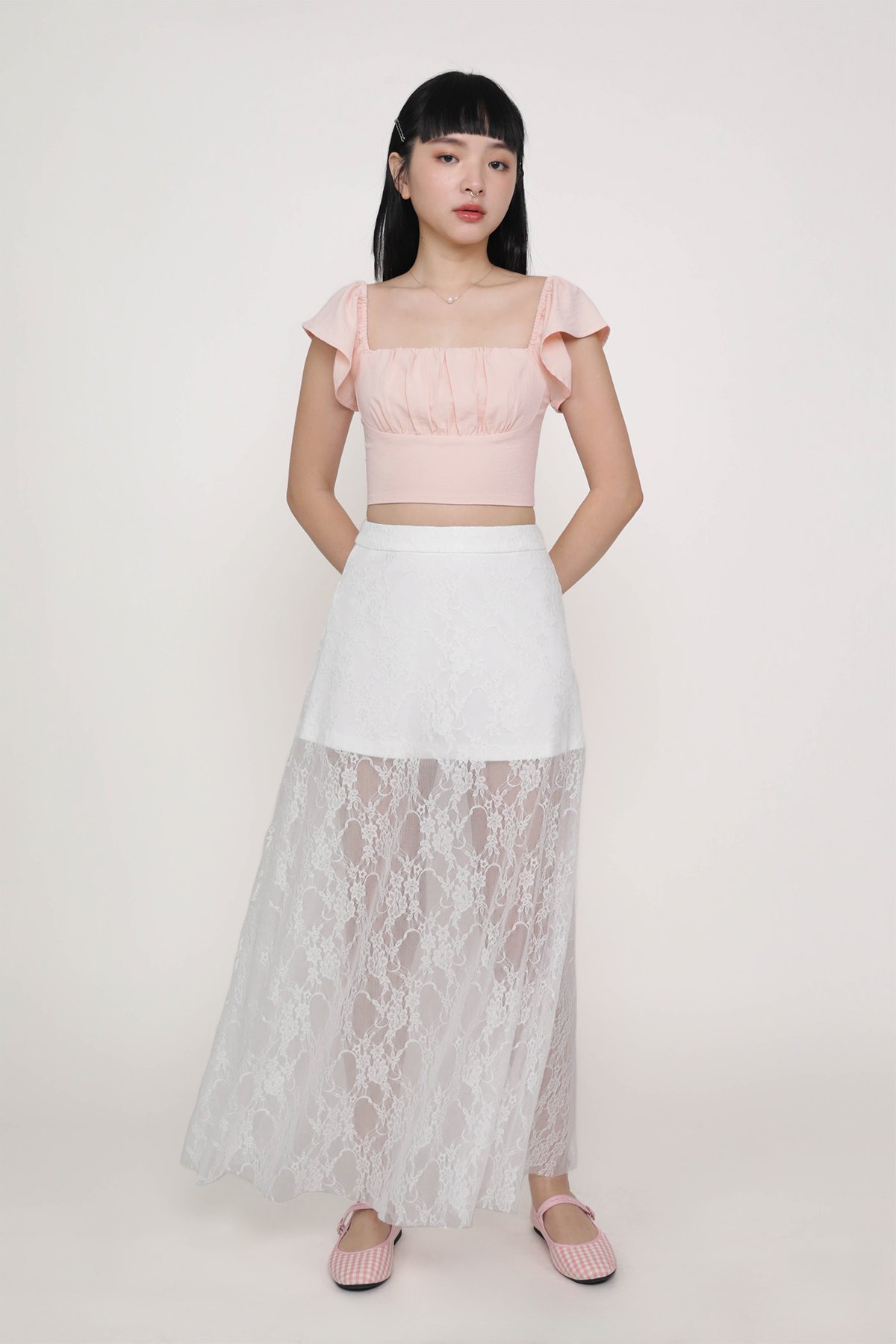 Noir Lace Overlay Maxi Skirt (White)