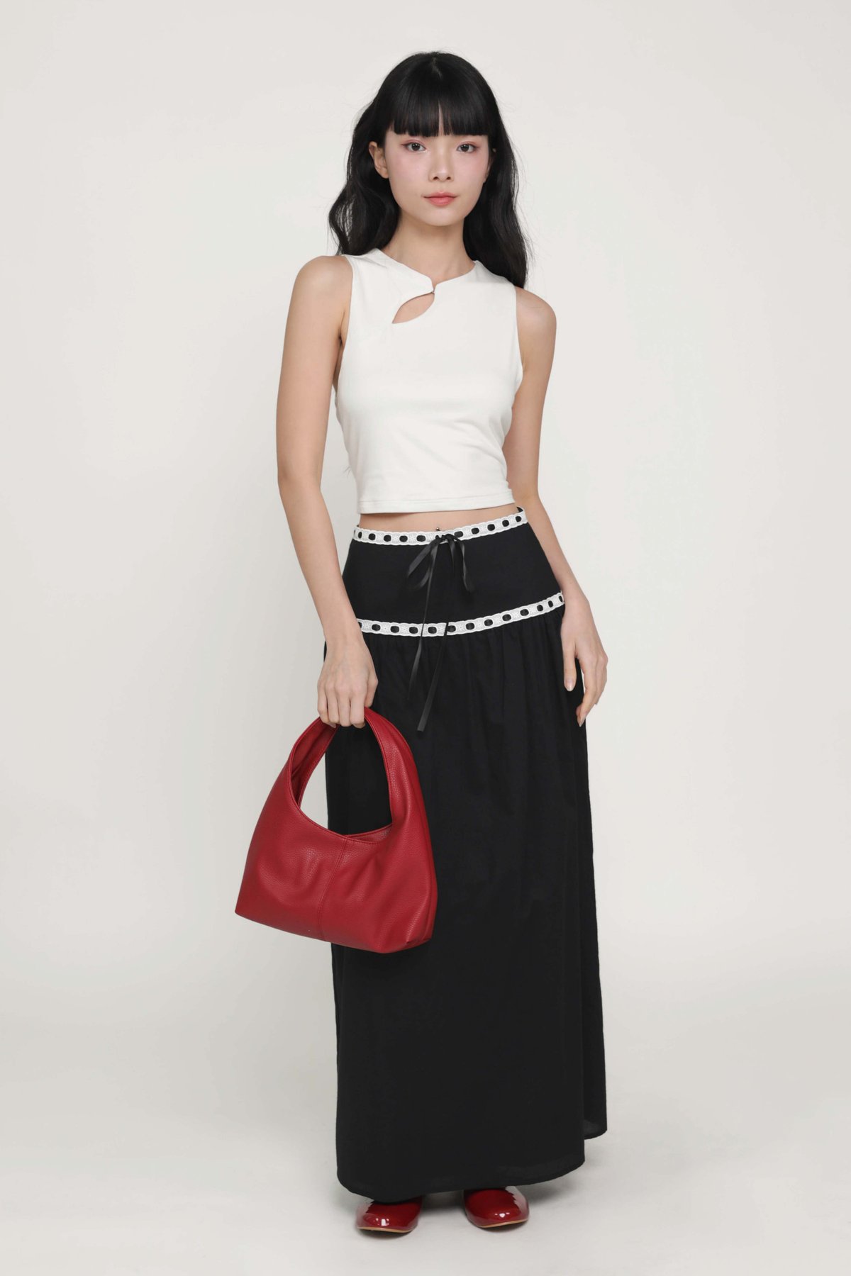 Winifred Ribbon Embroidery Maxi Skirt (Black)