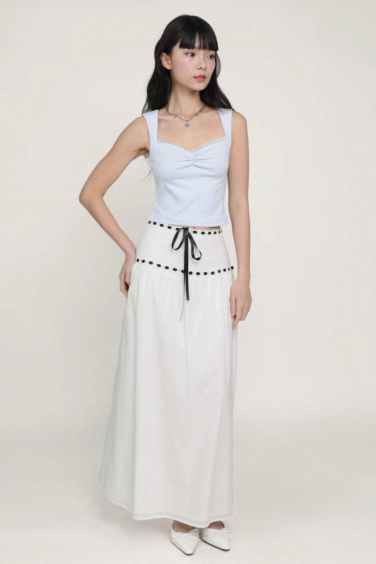 Winifred Ribbon Embroidery Maxi Skirt (White)