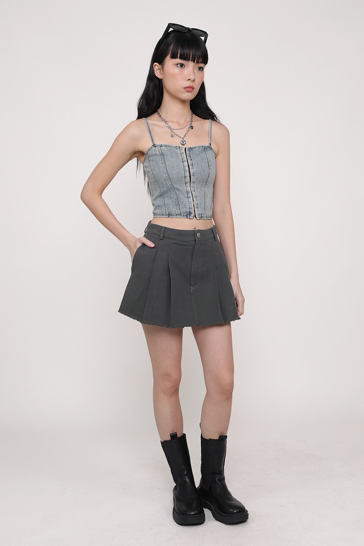 Kacey Hook Front Corset Denim Top (Light Vintage Wash)