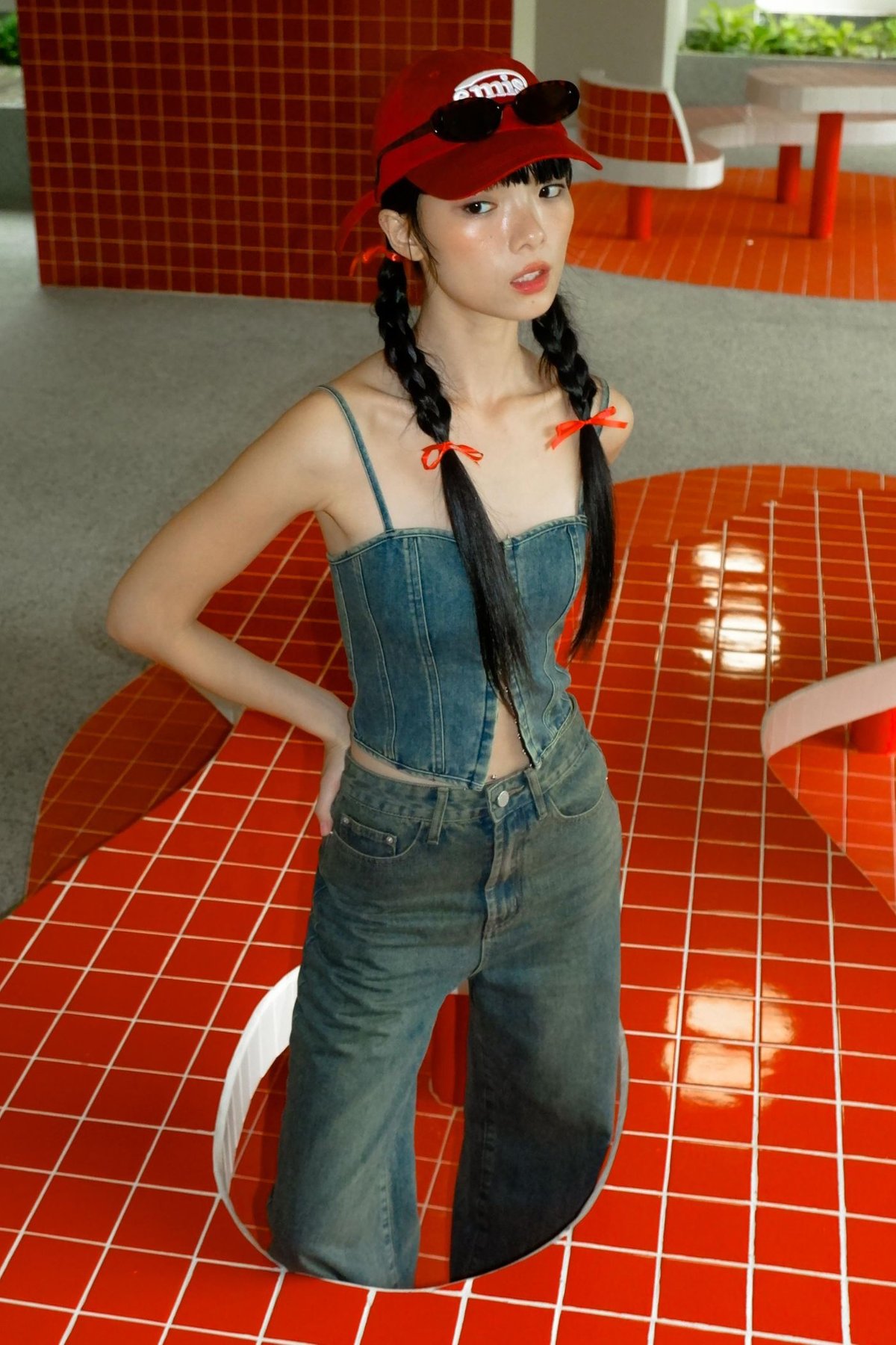 Kacey Hook Front Corset Denim Top (Vintage Wash)