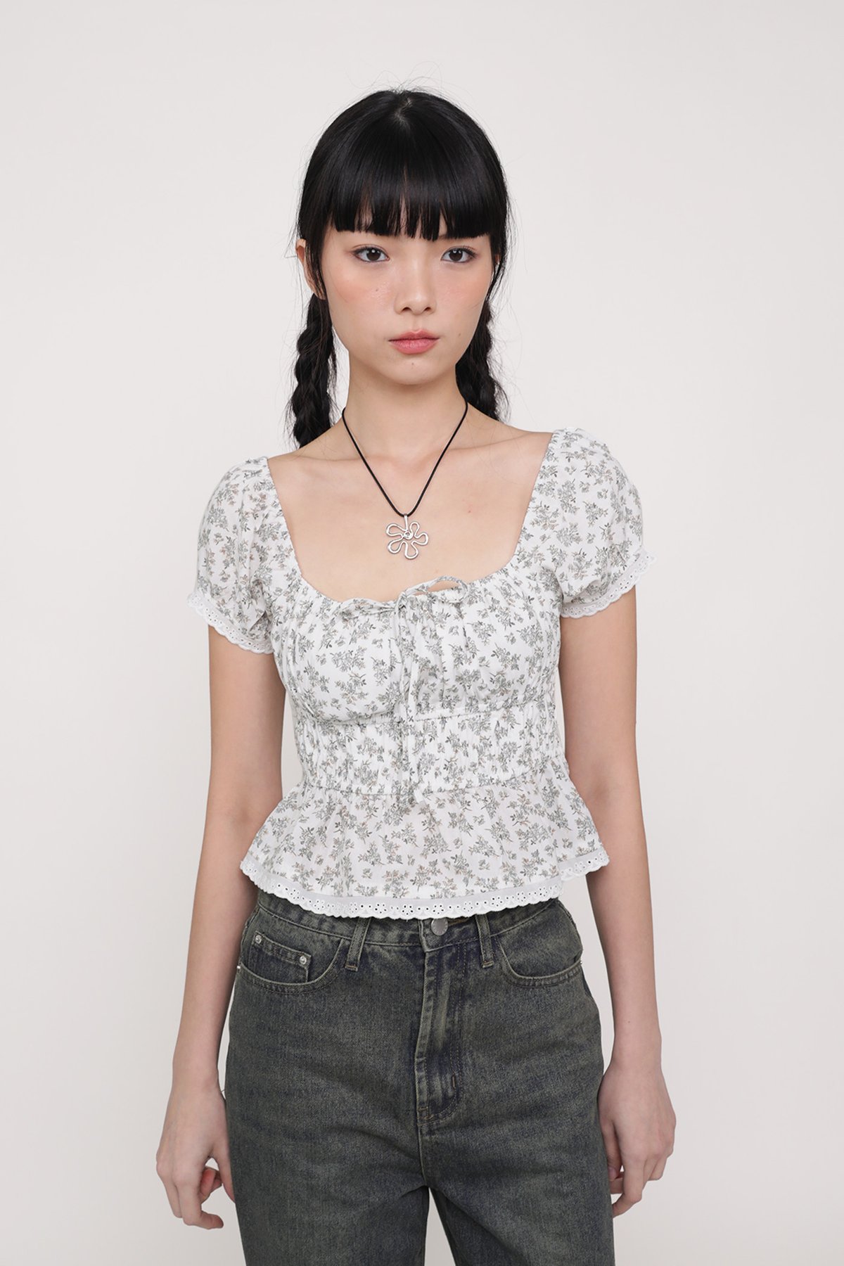 Winnie Shirred Babydoll Top (Mini Blooms)