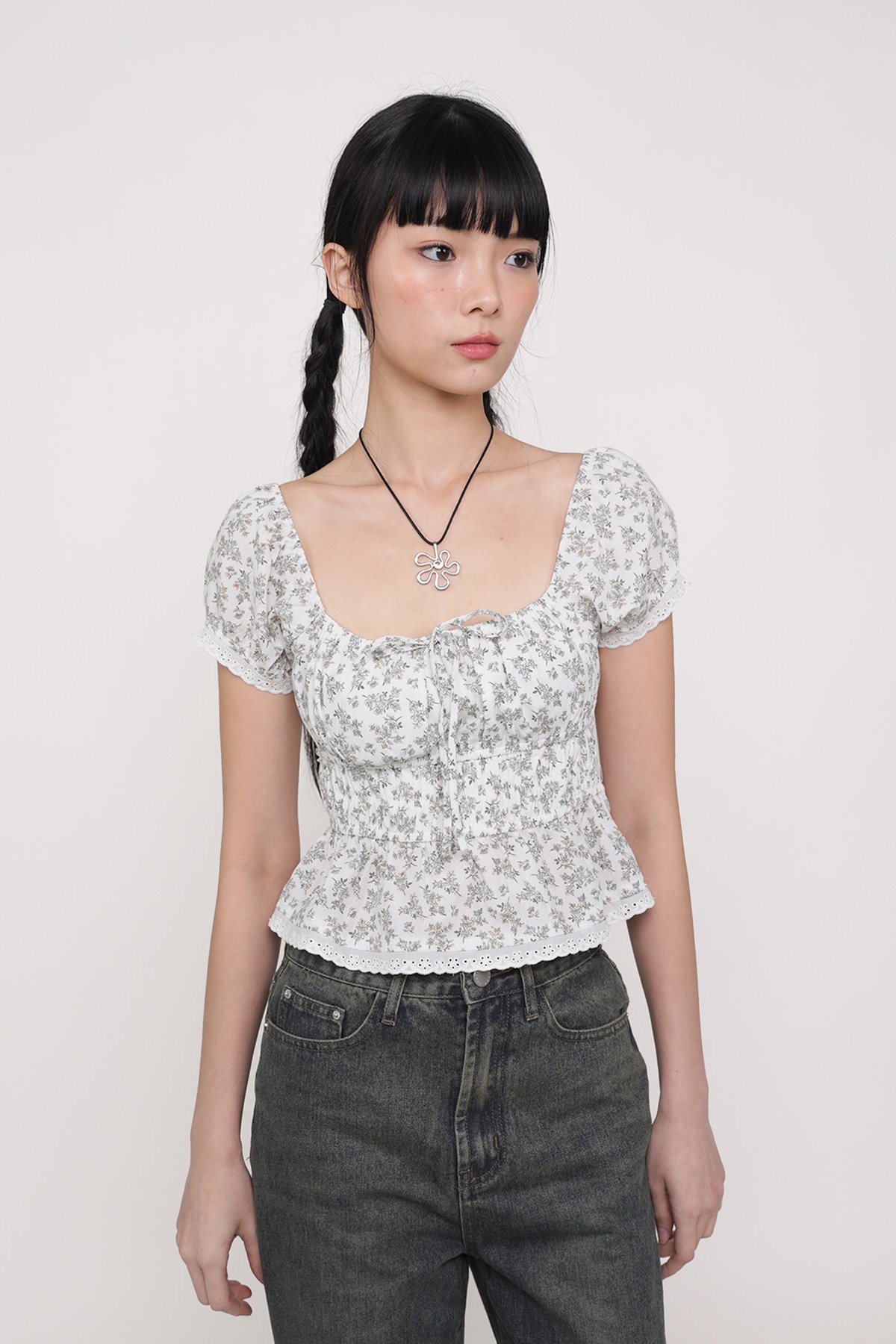 Winnie Shirred Babydoll Top (Mini Blooms)