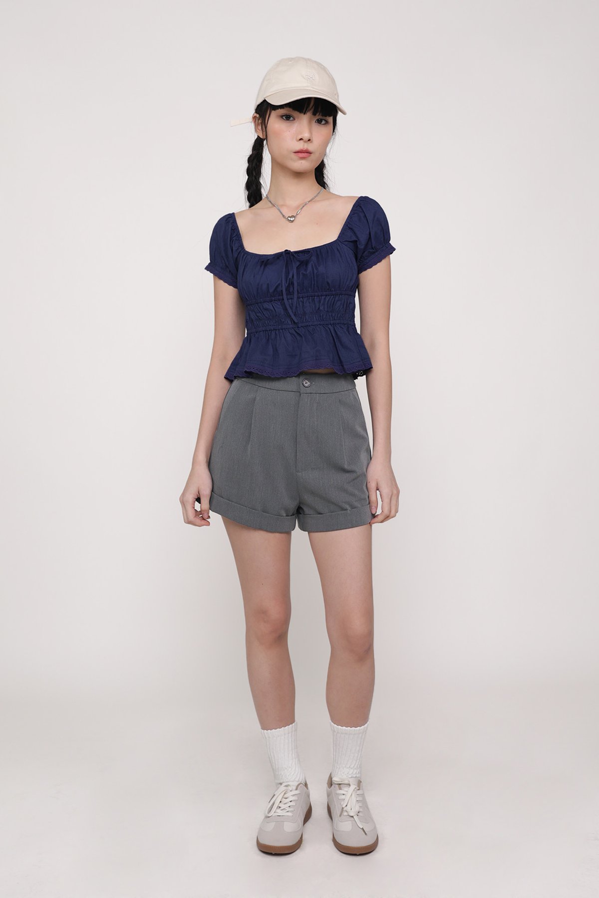 Winnie Shirred Babydoll Top (Navy)