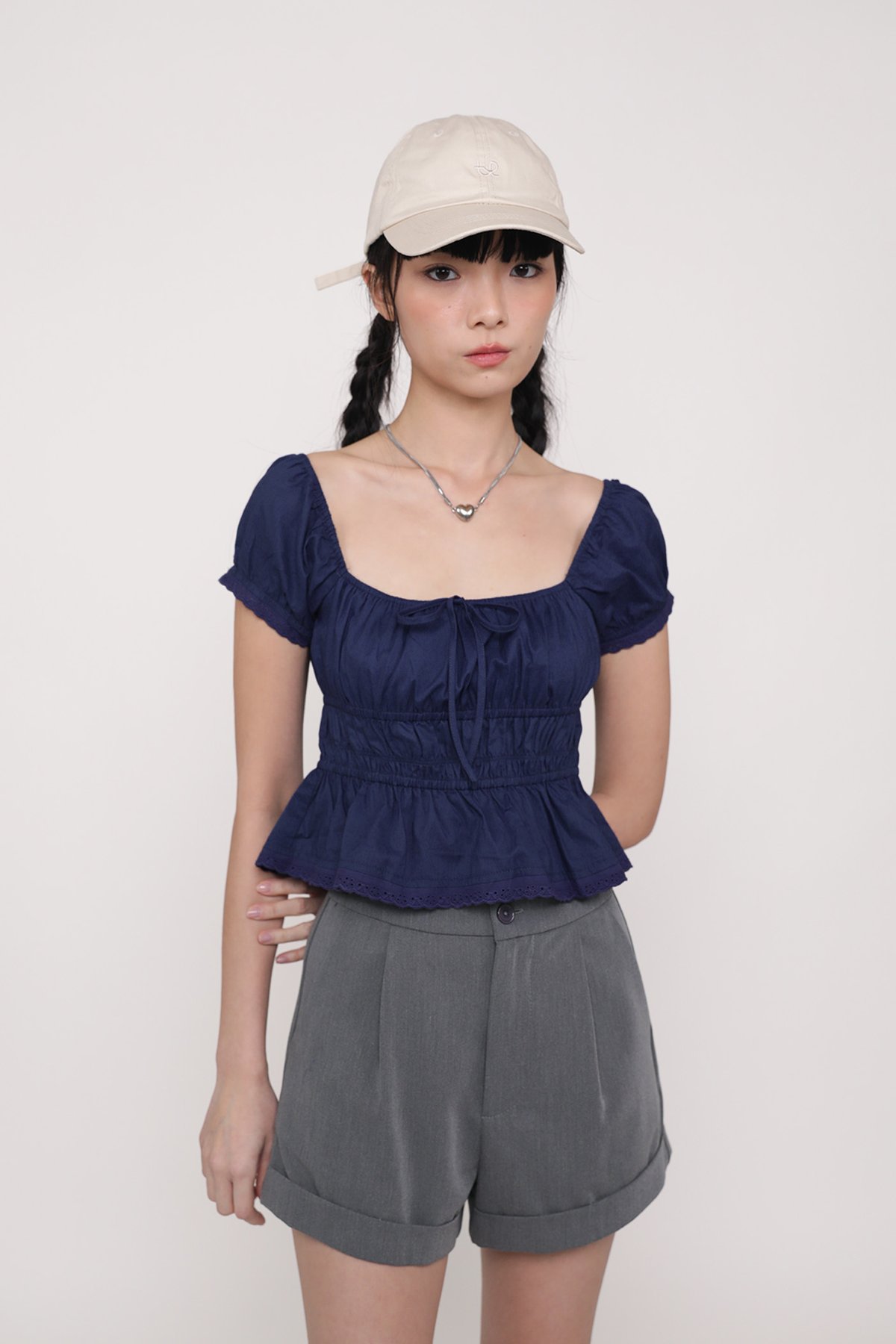 Winnie Shirred Babydoll Top (Navy)