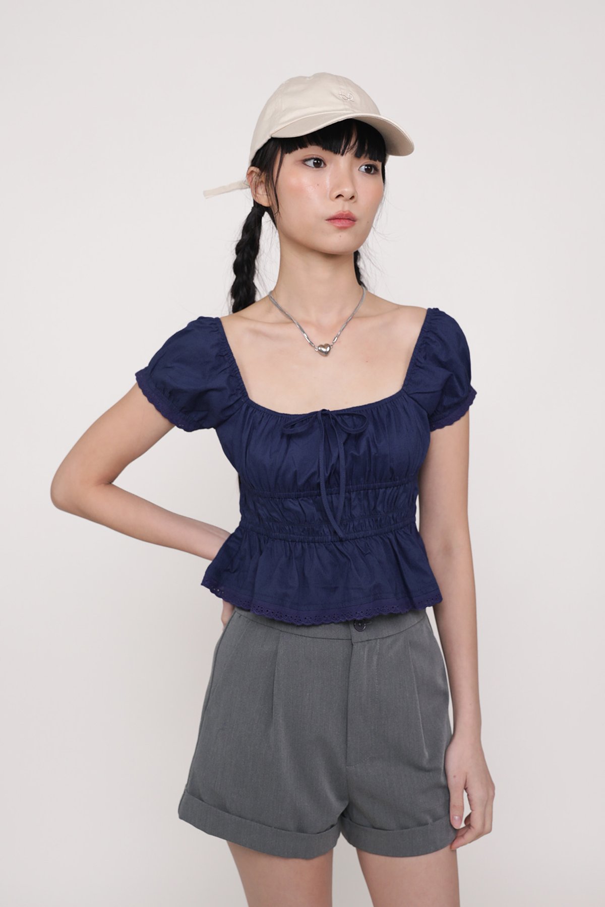 Winnie Shirred Babydoll Top (Navy)