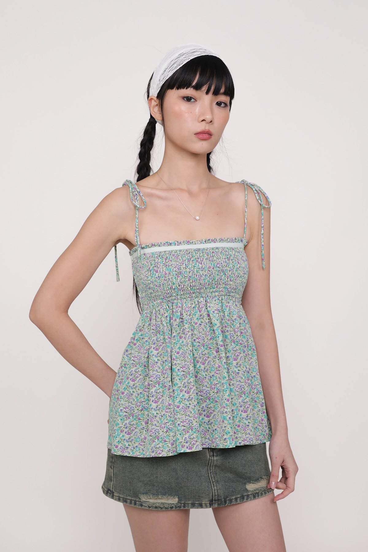 Kyrie Smocked Babydoll Top (Cream Florals)