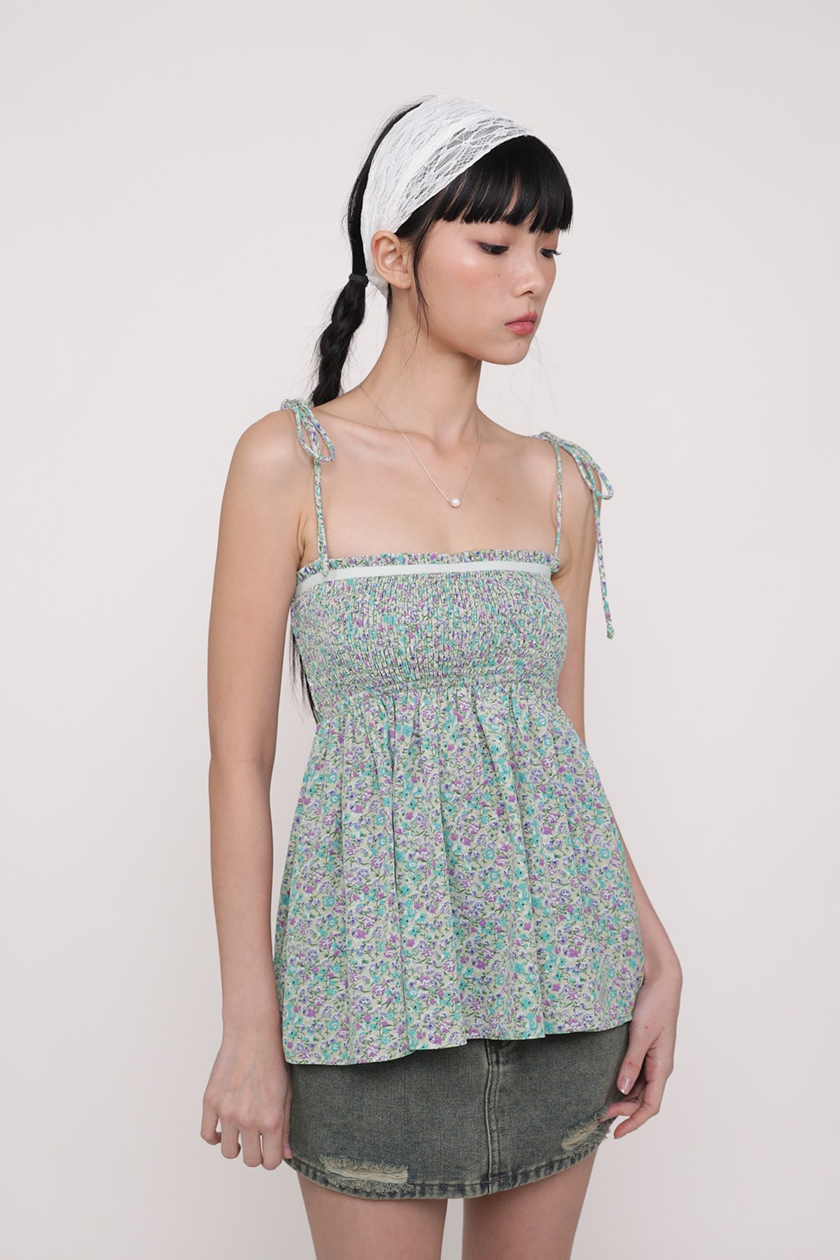 Kyrie Smocked Babydoll Top (Cream Florals)