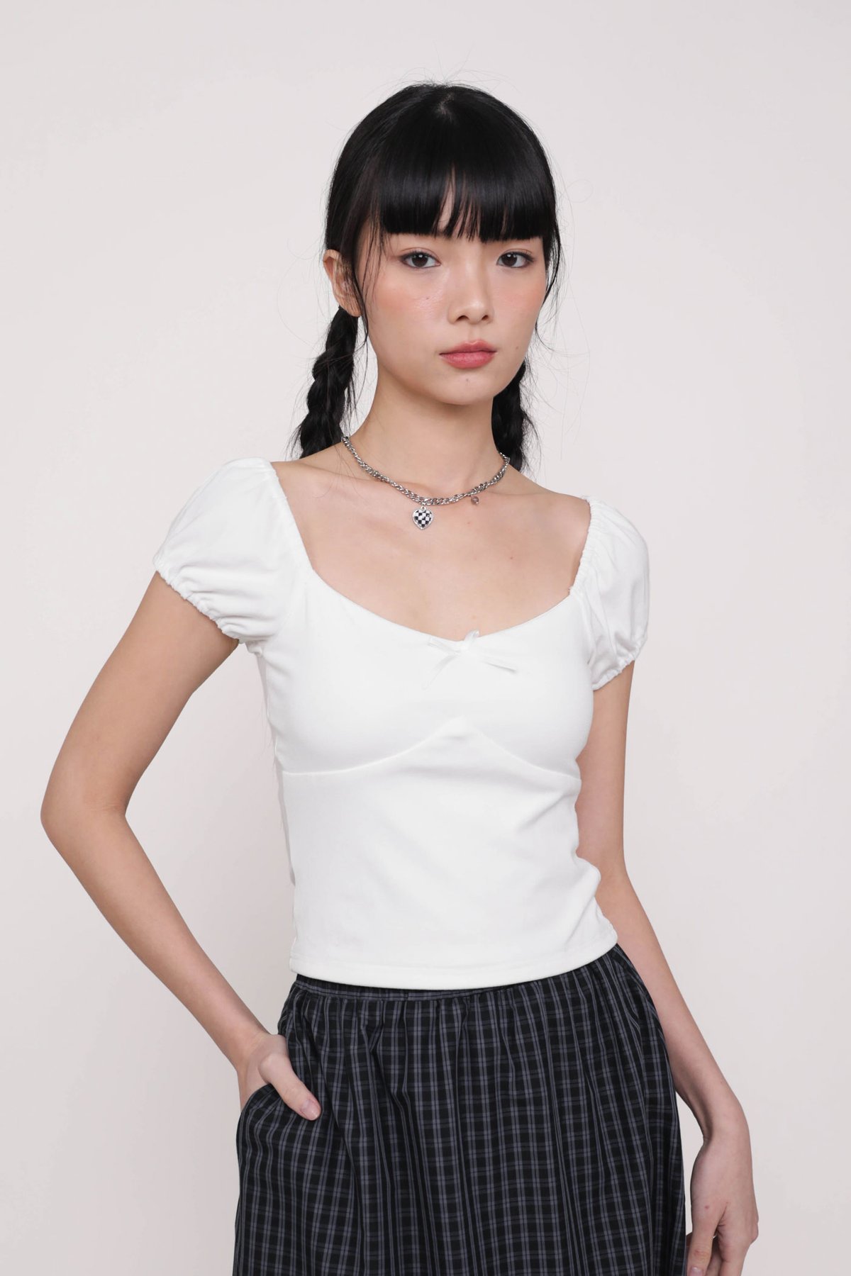 Alanis Ribbon Sleeve Padded Top (White)