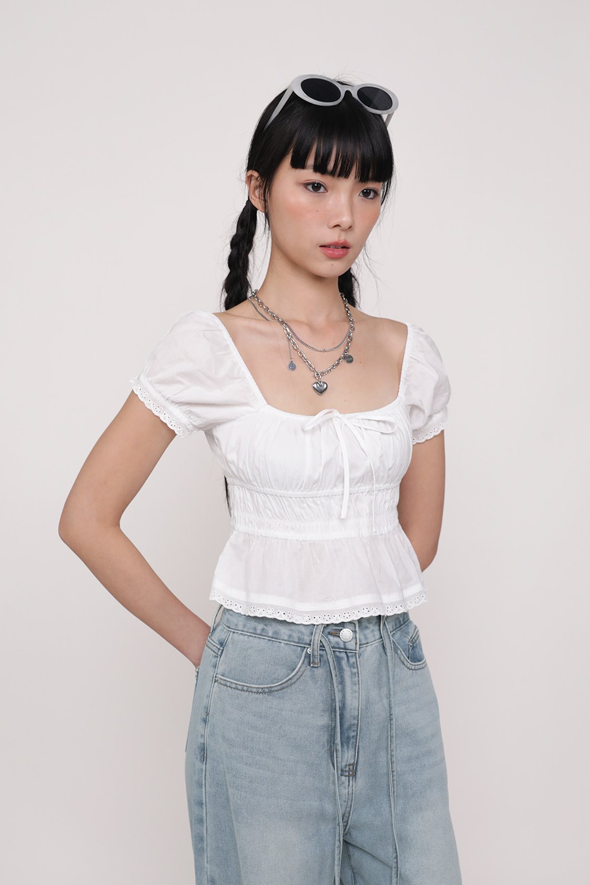 Winnie Shirred Babydoll Top (White)