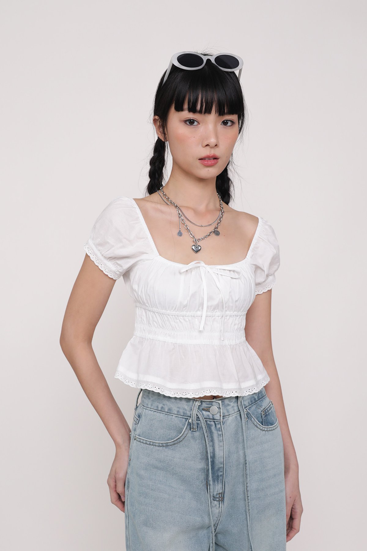 Winnie Shirred Babydoll Top (White)