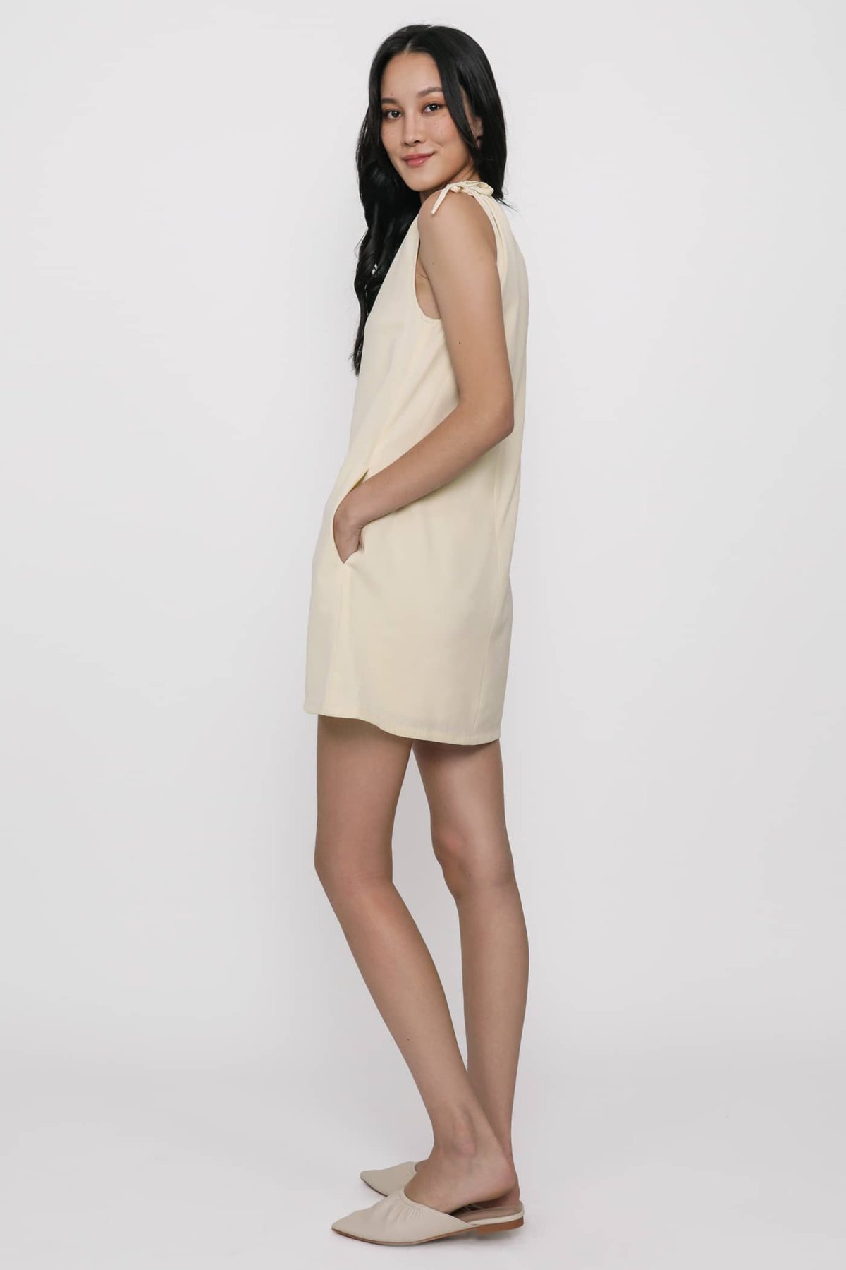Cass Drawstring Shoulder Dress (Cream)