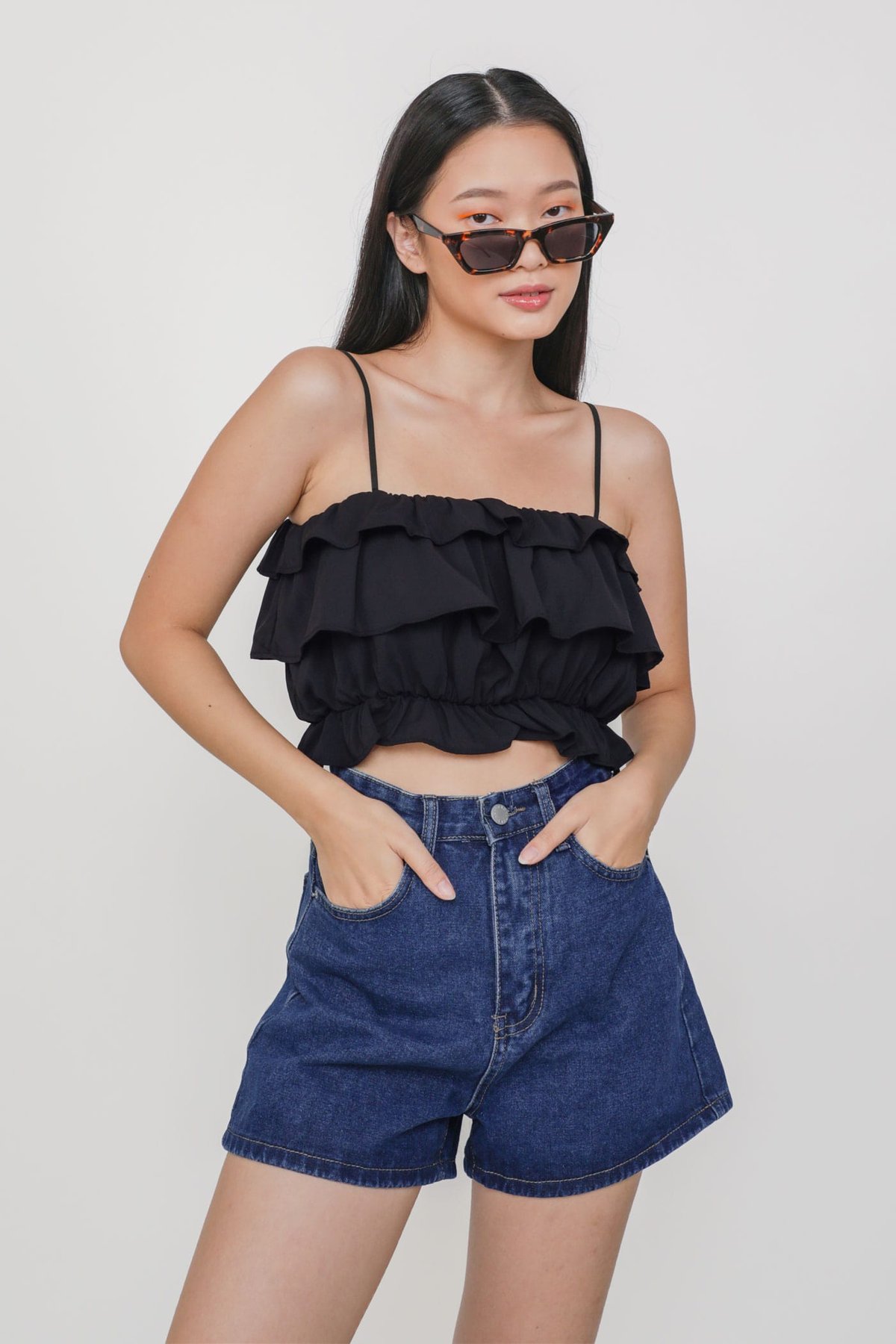 Polly Tiered Spag Top (Black)
