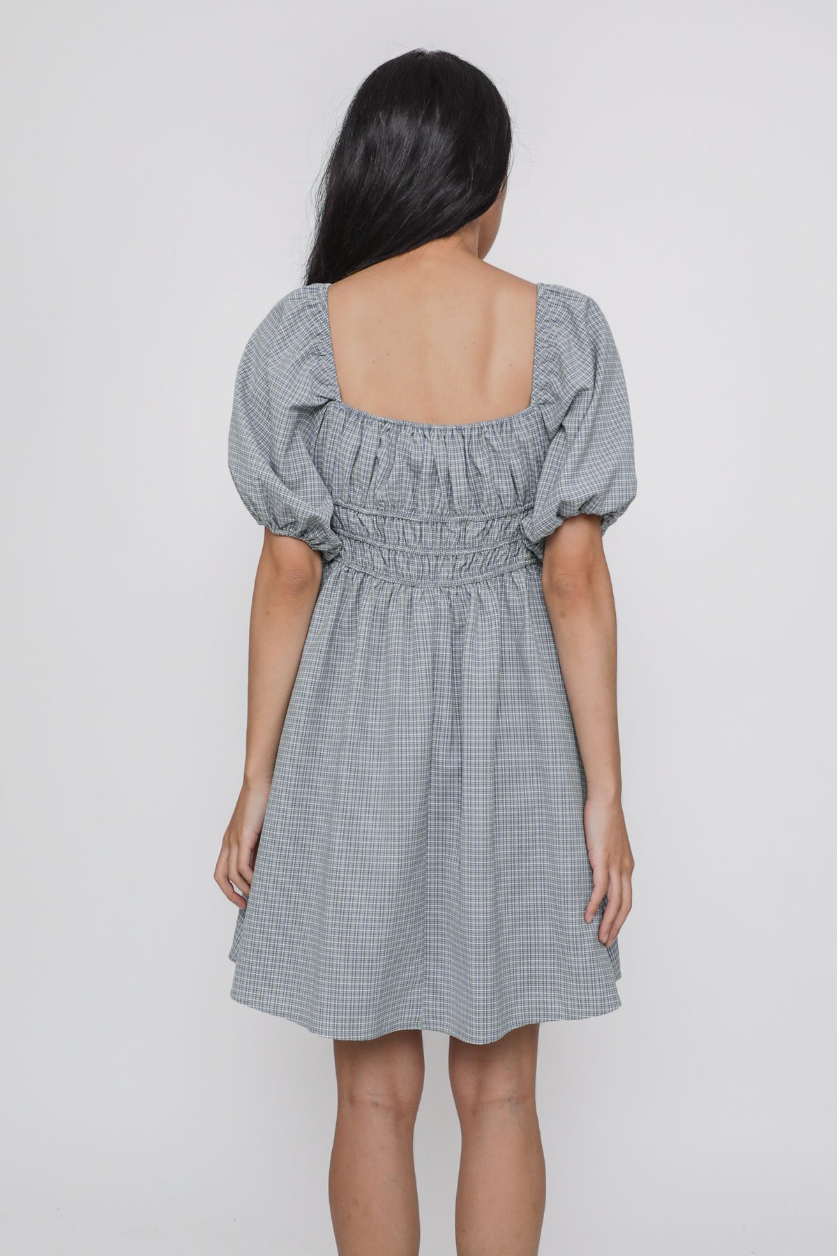Adalyn Shirred Puffy Sleeved Dress (Plaids)