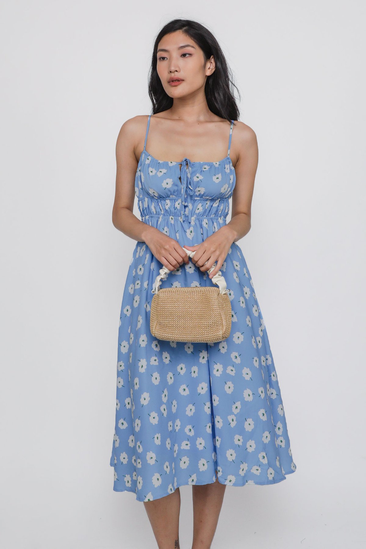 Taya Shirred Midi Dress (Blue Poppies)