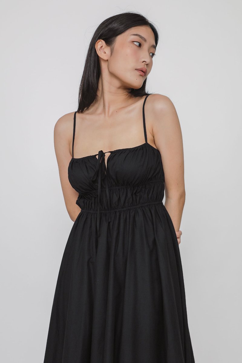 Taya Shirred Cotton Tiered Maxi Dress (Black) | The Tinsel Rack