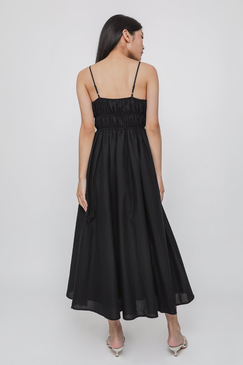 Taya Shirred Cotton Tiered Maxi Dress (Black) | The Tinsel Rack