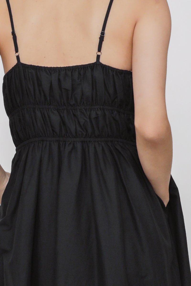 Taya Shirred Cotton Tiered Maxi Dress (Black) | The Tinsel Rack