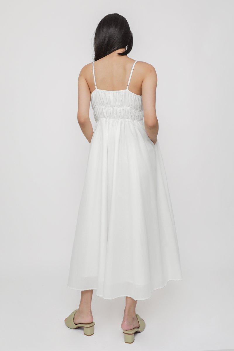 Taya Shirred Cotton Tiered Maxi Dress (White) | The Tinsel Rack