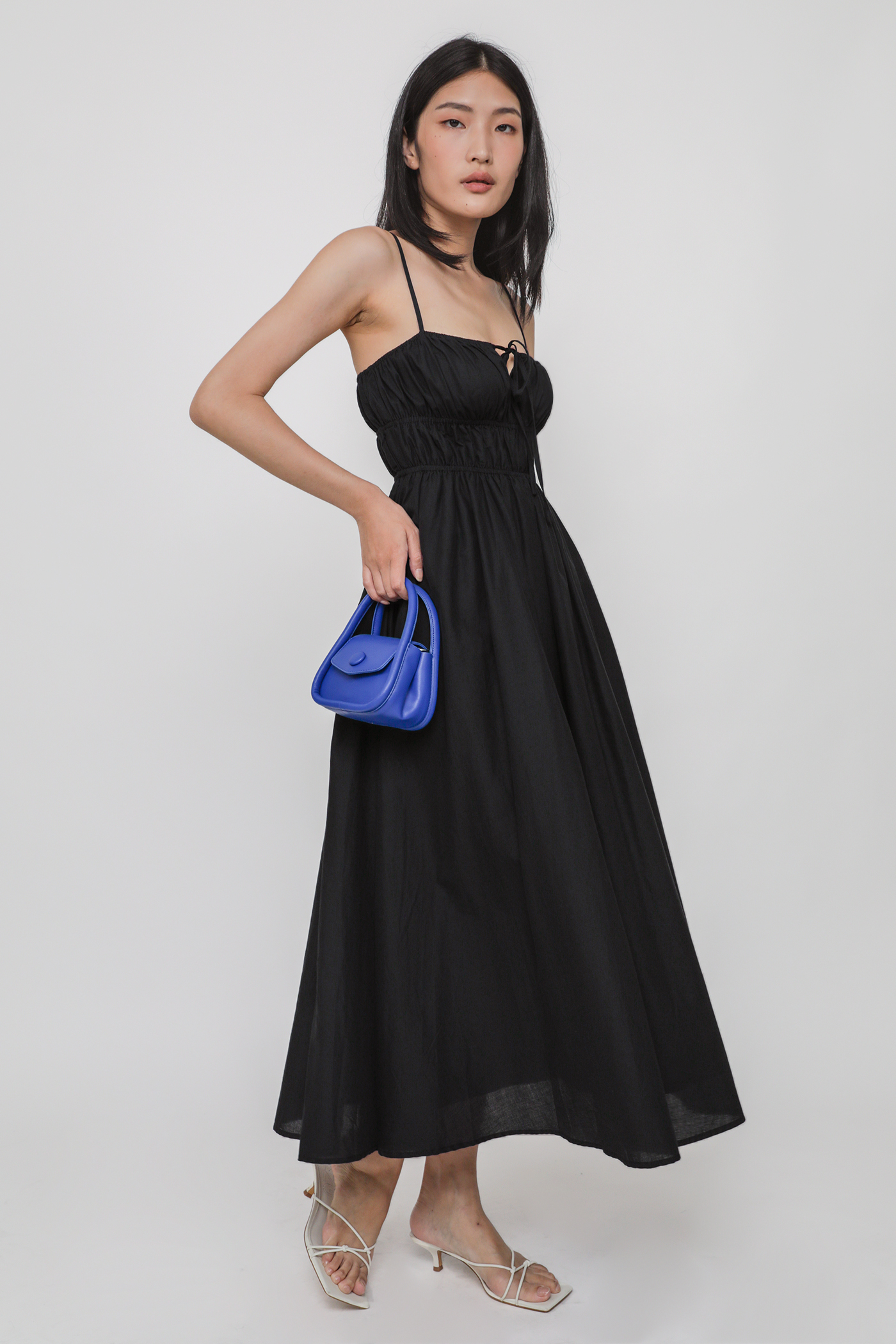 Taya Shirred Cotton Tiered Maxi Dress (Black) | The Tinsel Rack