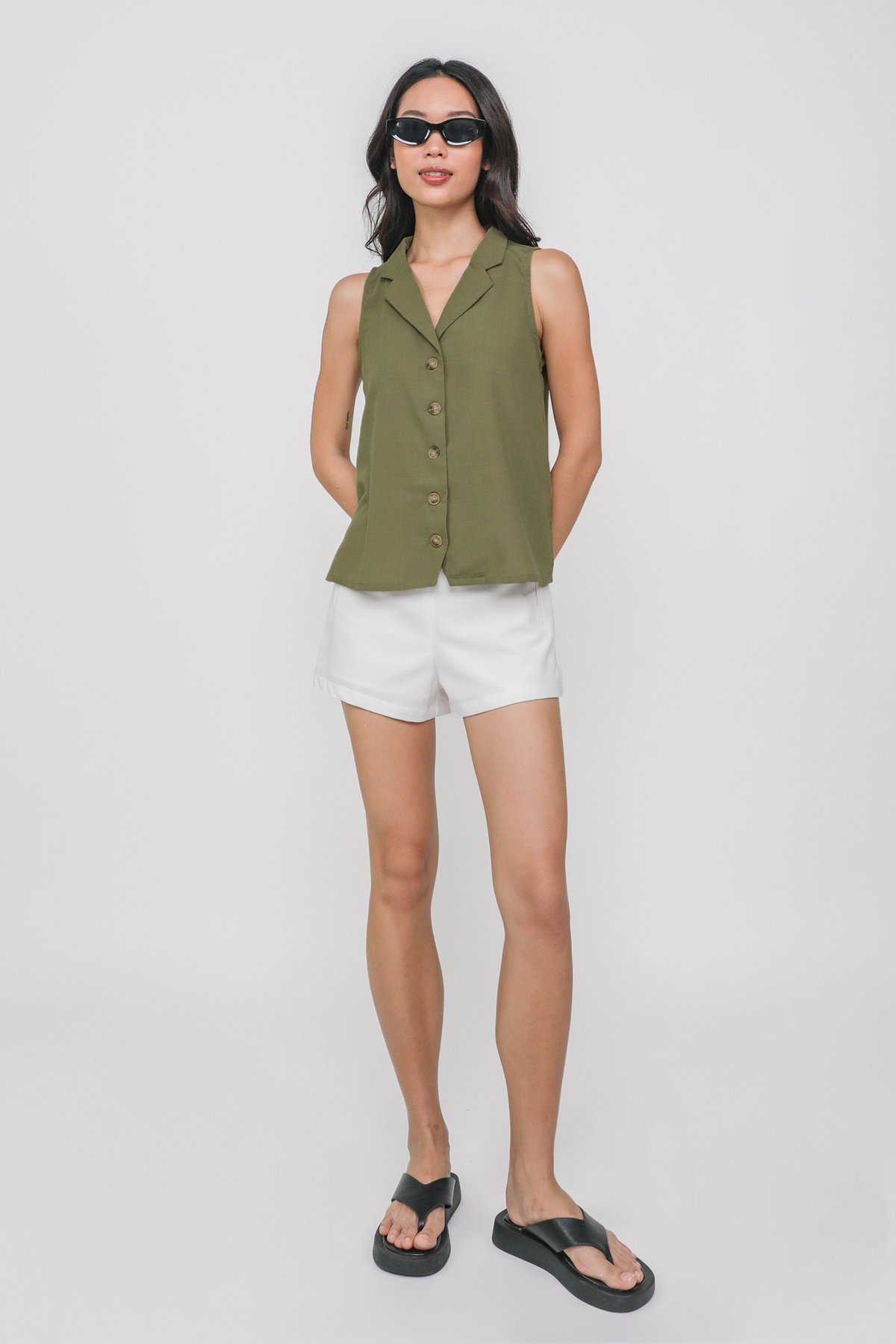 Justine Button Down Collared Top (Olive)