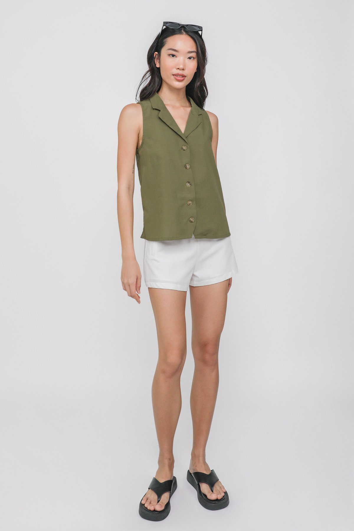 Justine Button Down Collared Top (Olive)