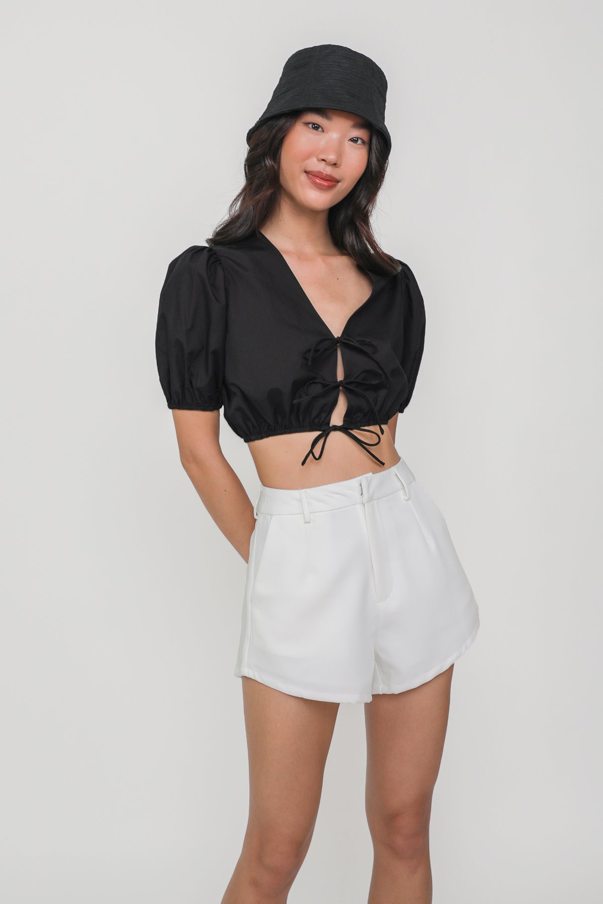 Lana Tie Front Sleeve Top (Black)