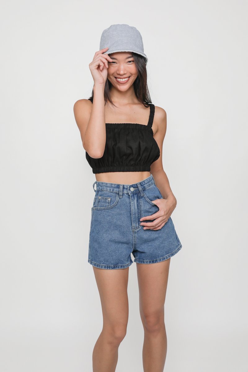 Janae Ruched Strap Crop Top (Black) | The Tinsel Rack