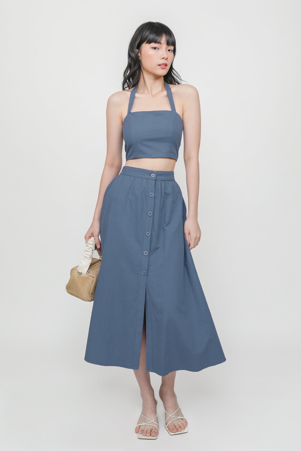 Agnes Button Midi Skirt (Steel Blue)