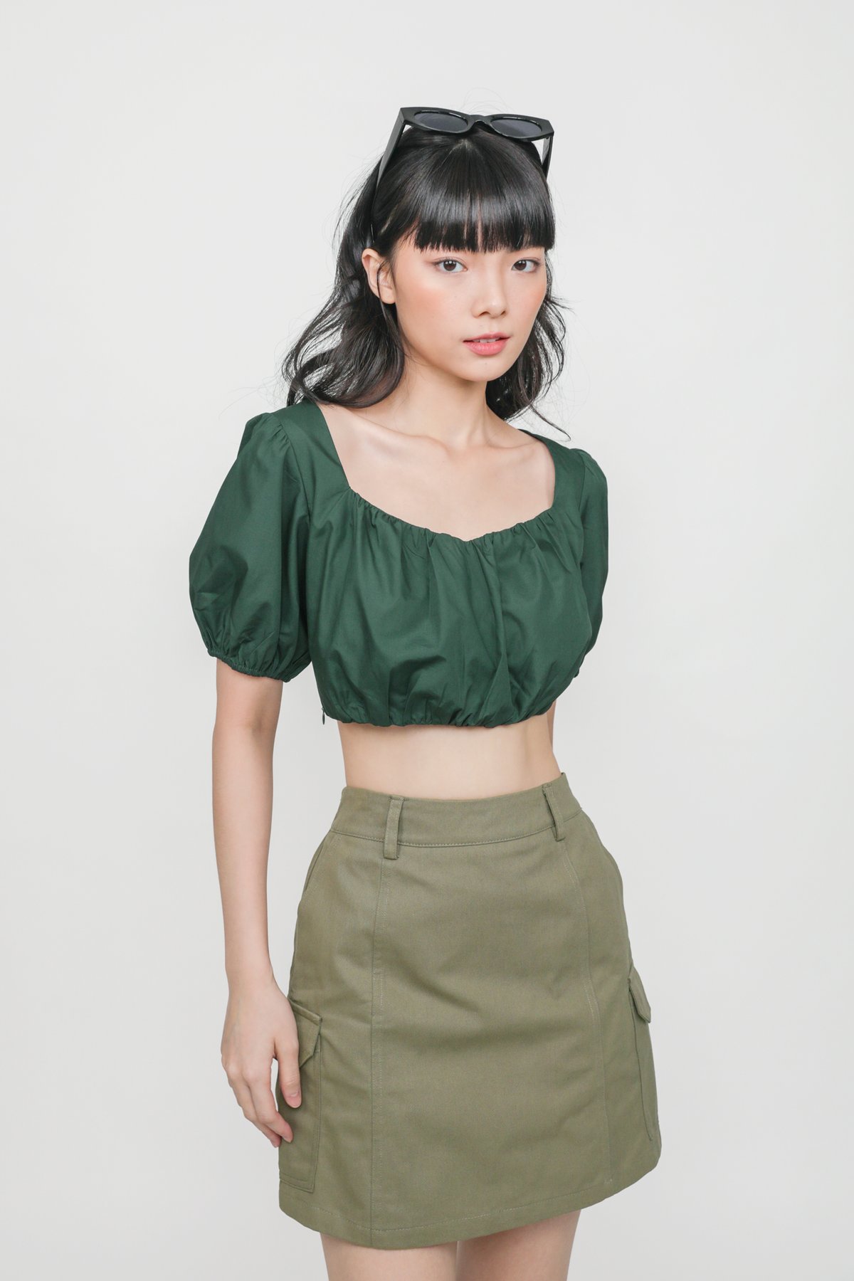 Reyes Pleated Puffy Sleeve Crop Top (Forest)