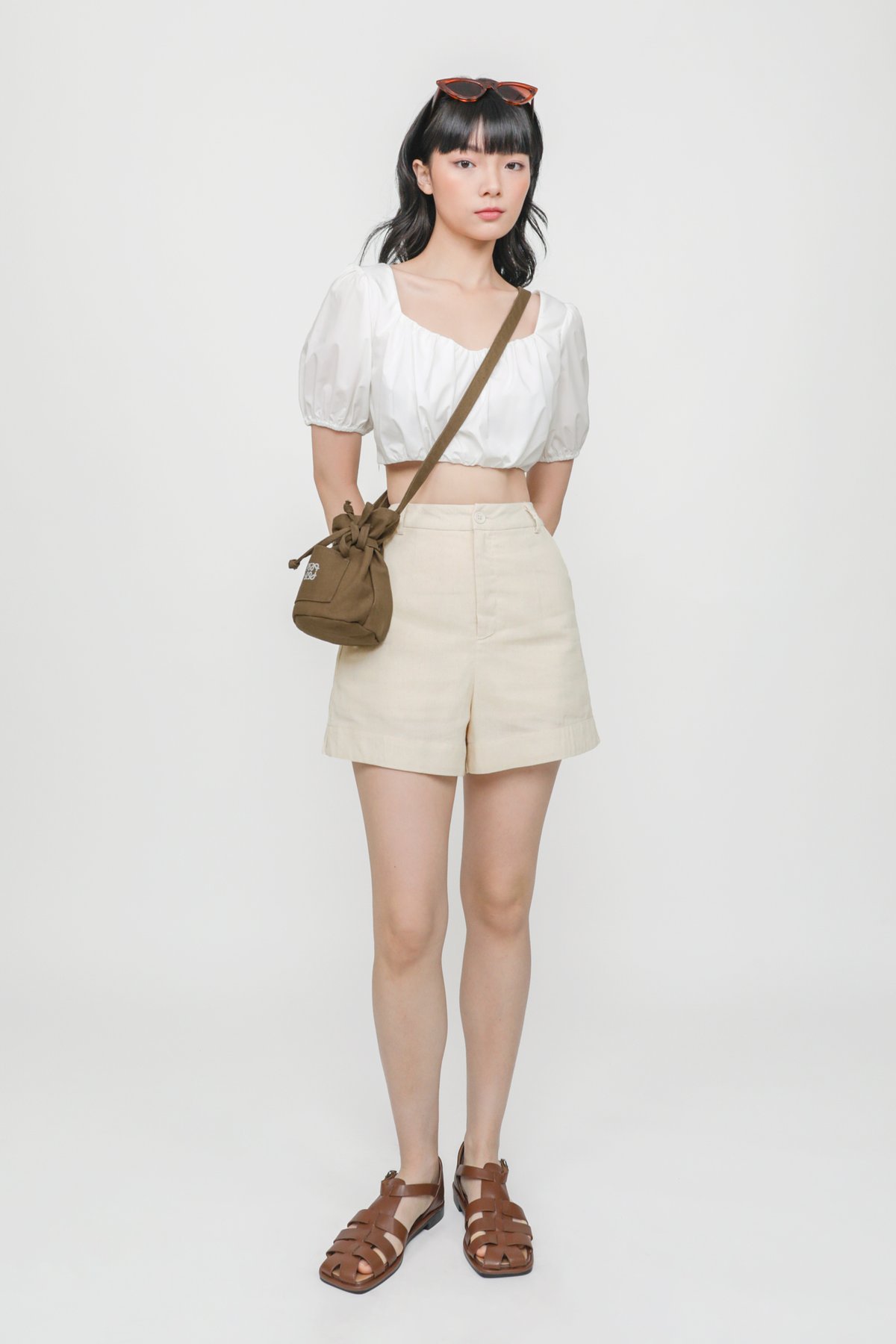 Reyes Pleated Puffy Sleeve Crop Top (White)