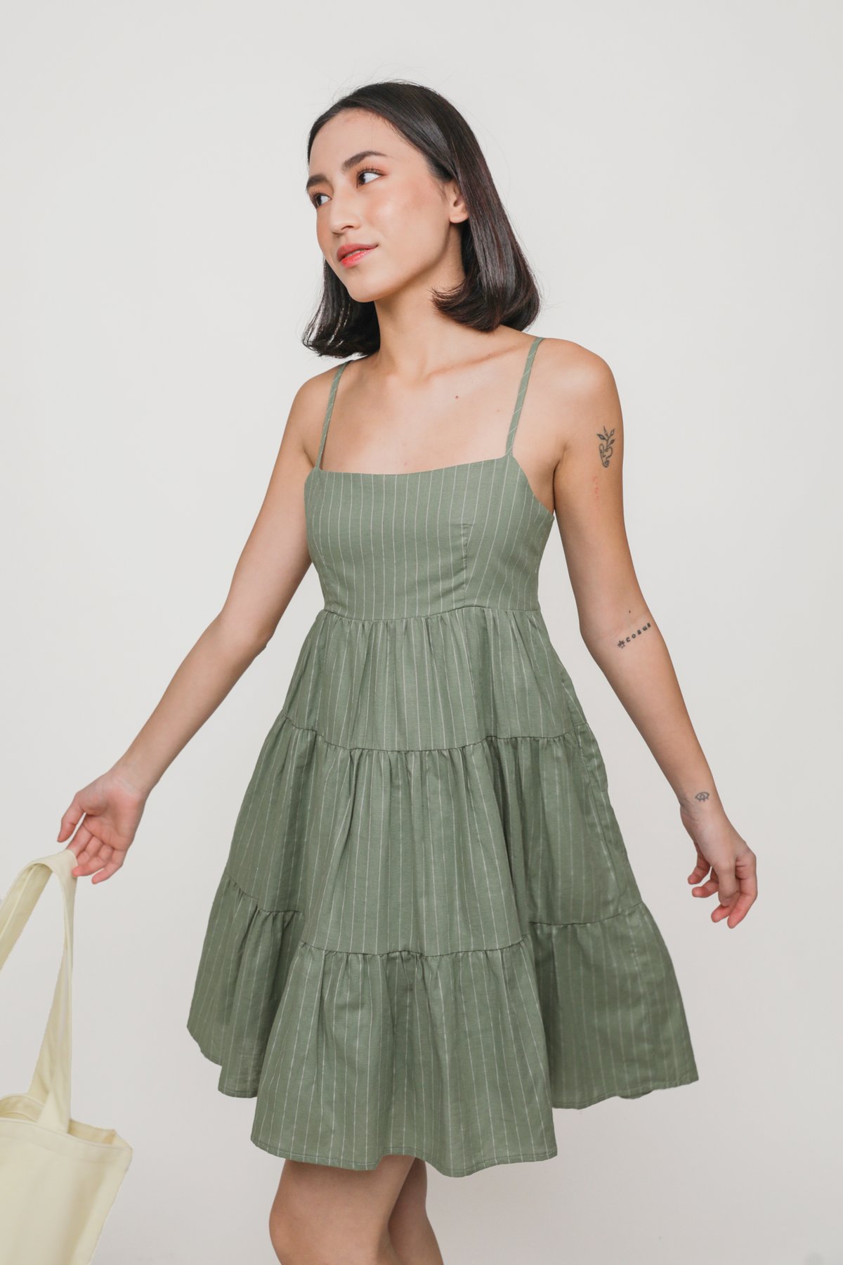 Roxana Tiered Babydoll Dress (Green Stripes)