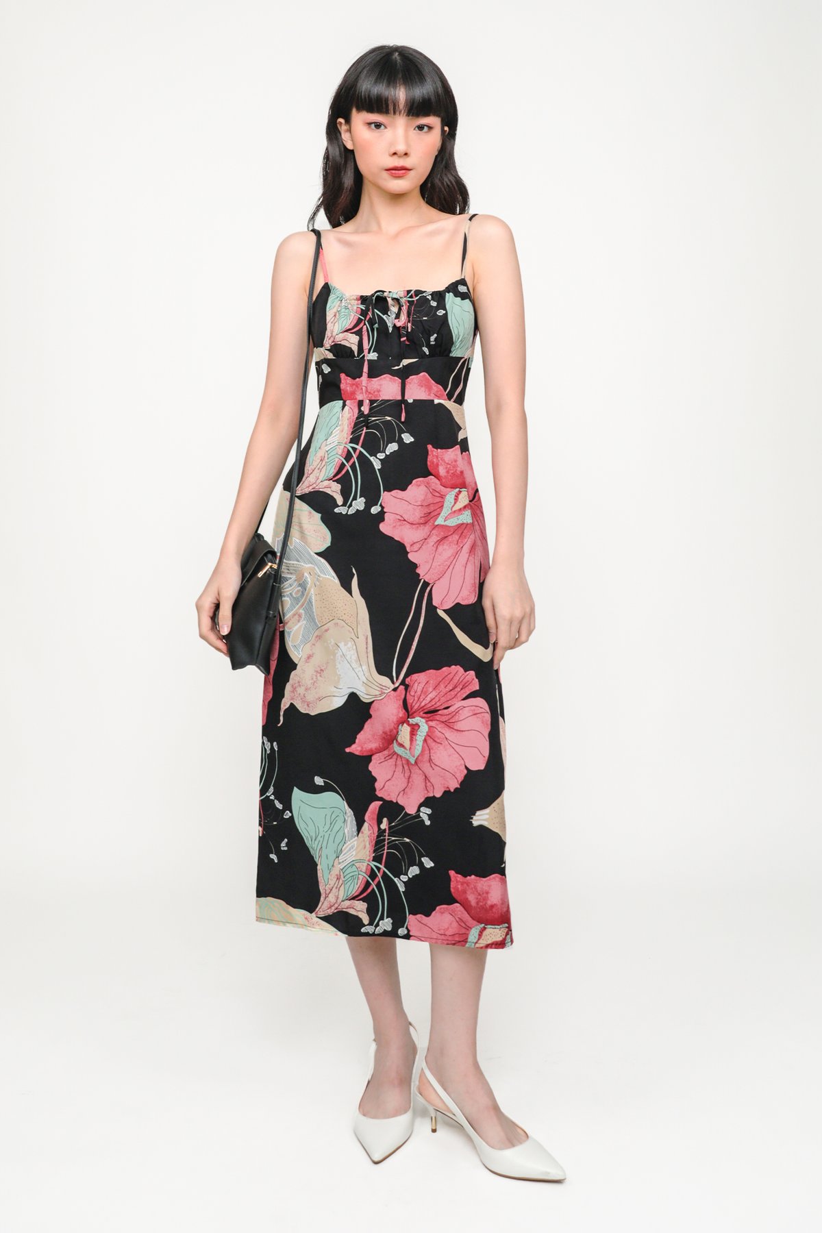 Eloise Ruched Front Drawstring Midi Dress (Black Hibiscus)